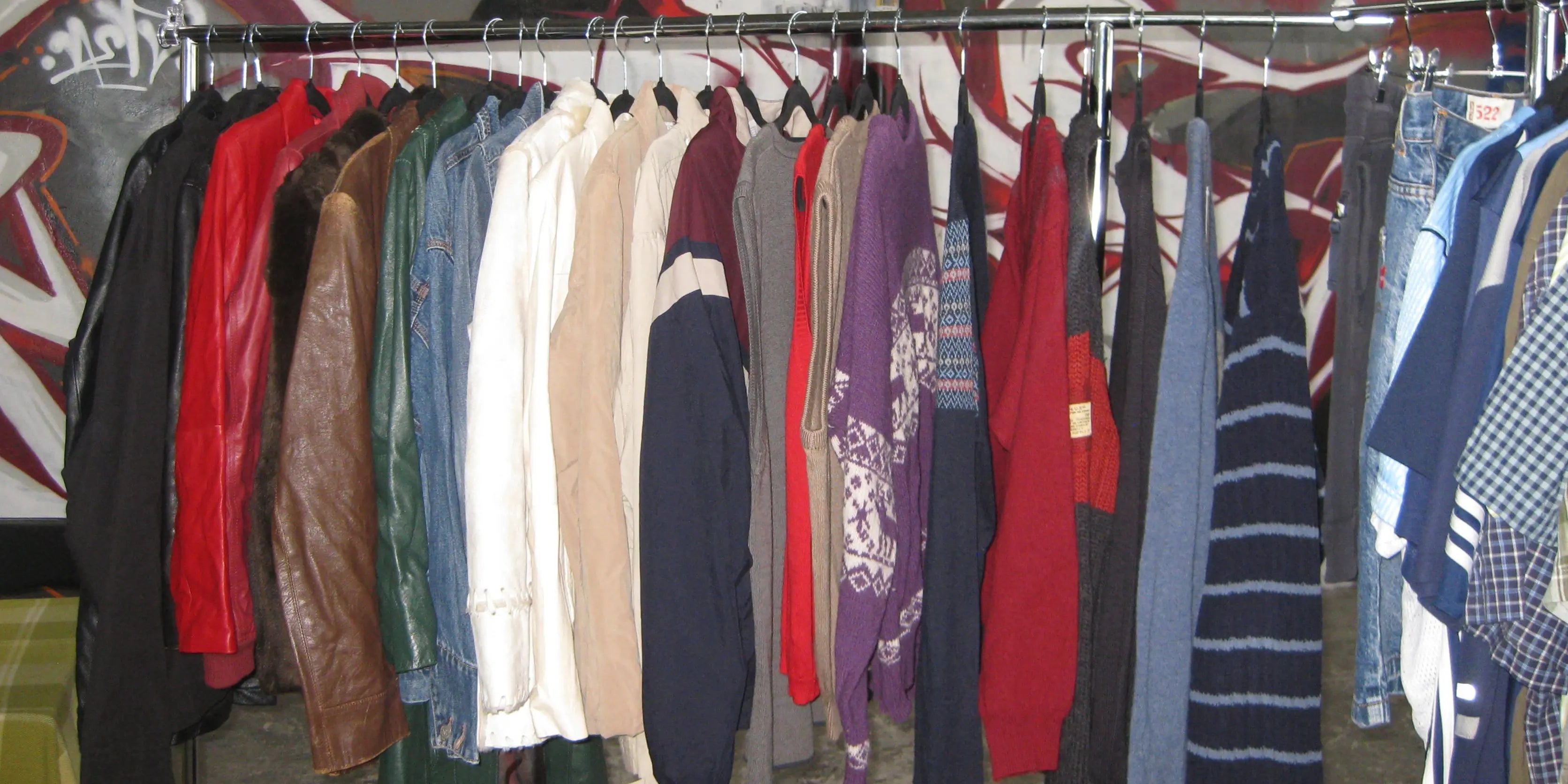 Vintage vests hanging on a clothes rack