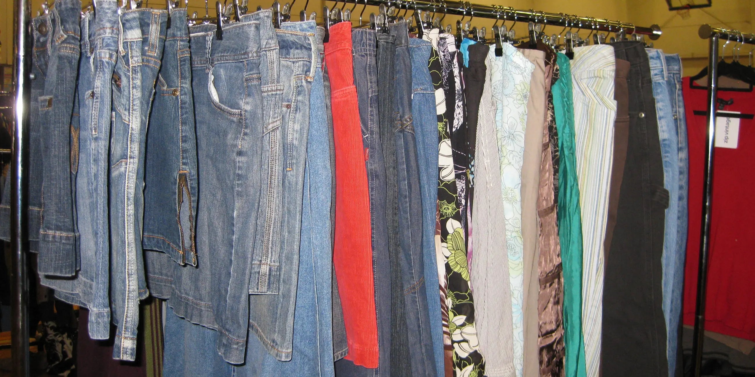 Rack of vintage corduroy pants and vintage skirts