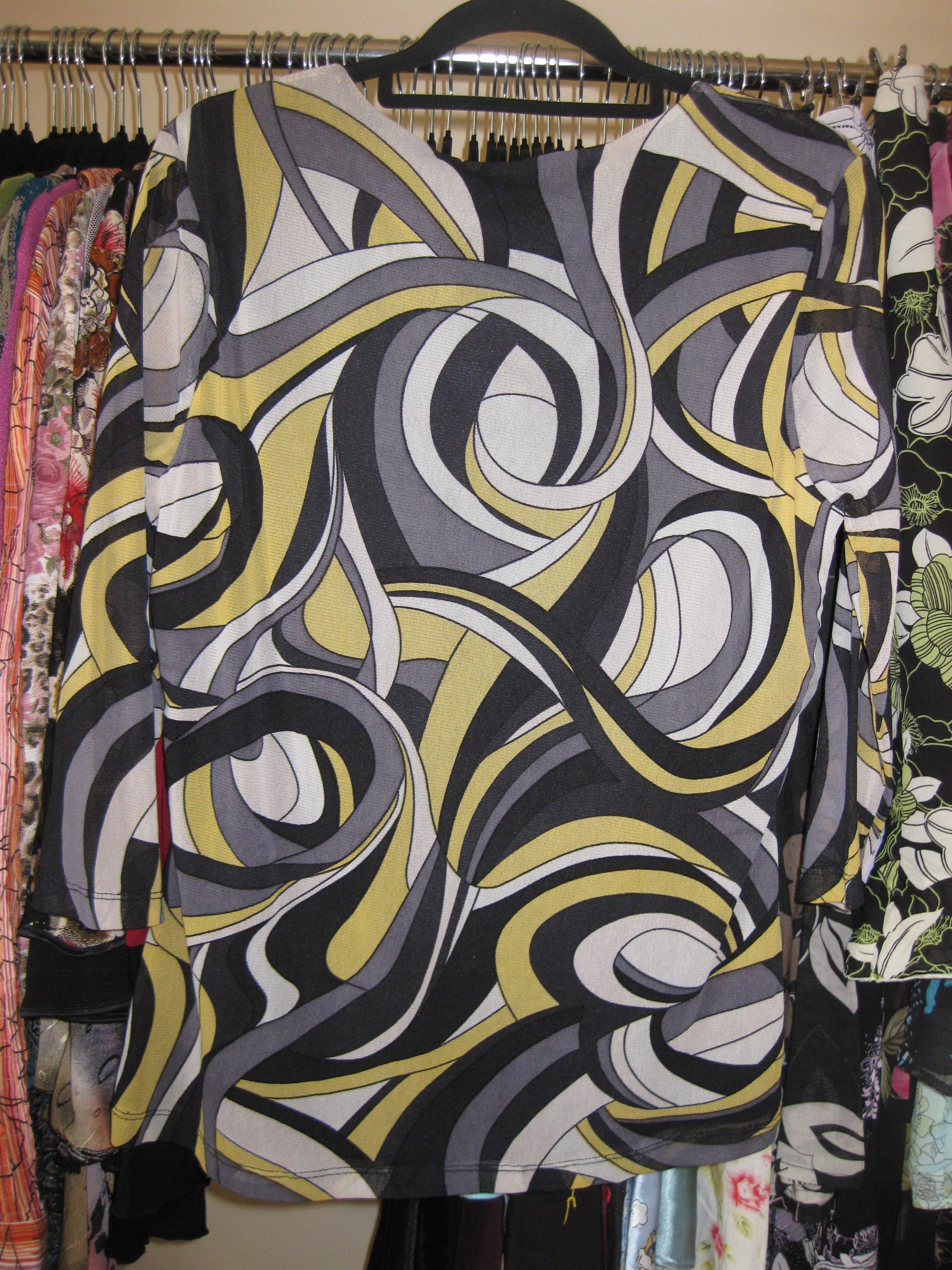 Long sleeve mesh top from the 90s in black, yellow, and grey