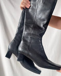 Square Toe Black Leather High Boots