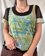 Green and Black Graphic Mesh Top