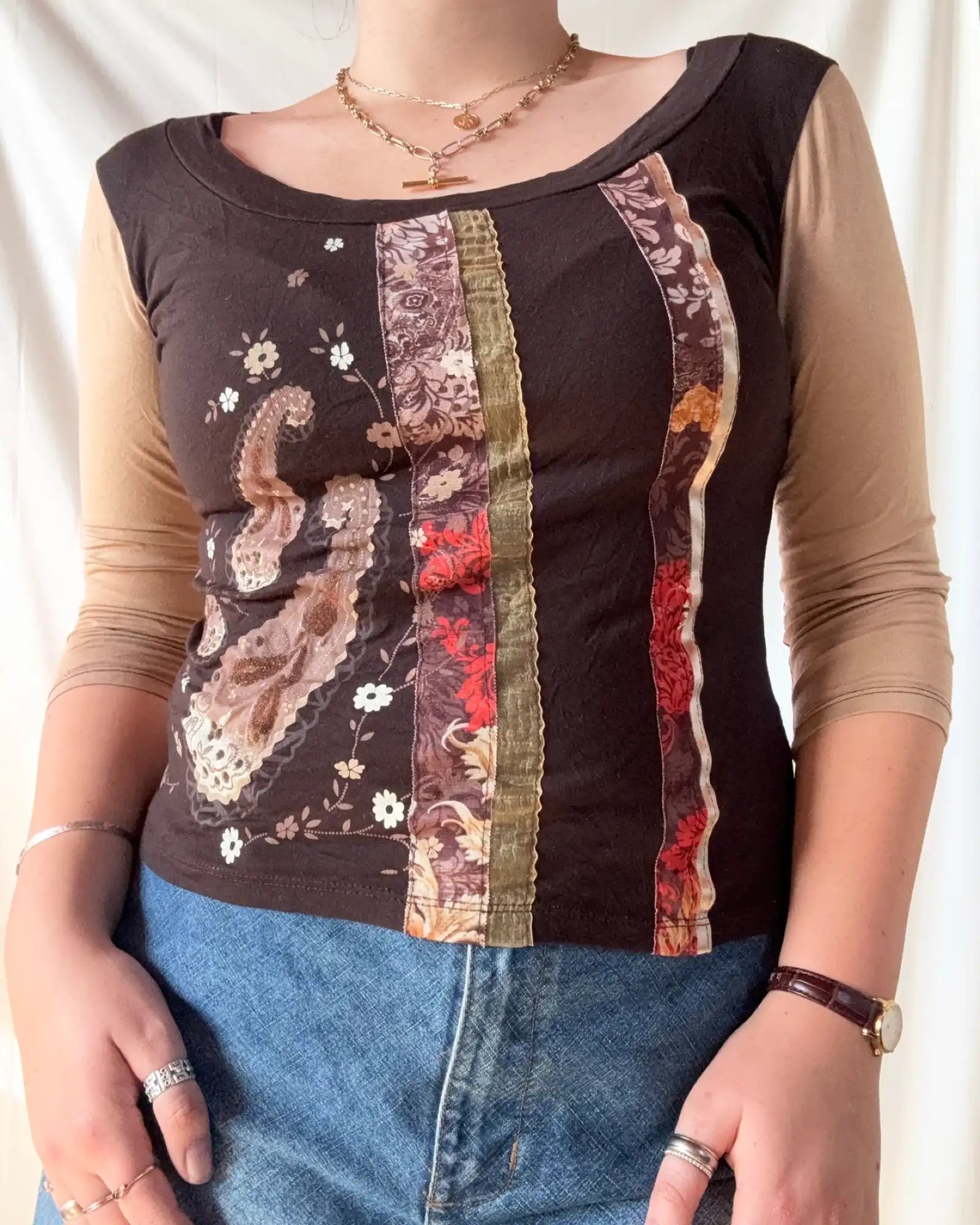 Brown Striped Ribbon Top