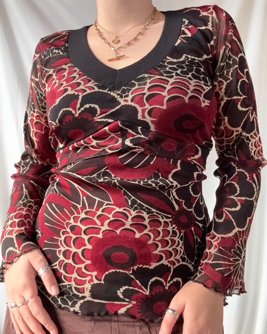 Black and Red Mesh Wrap Top