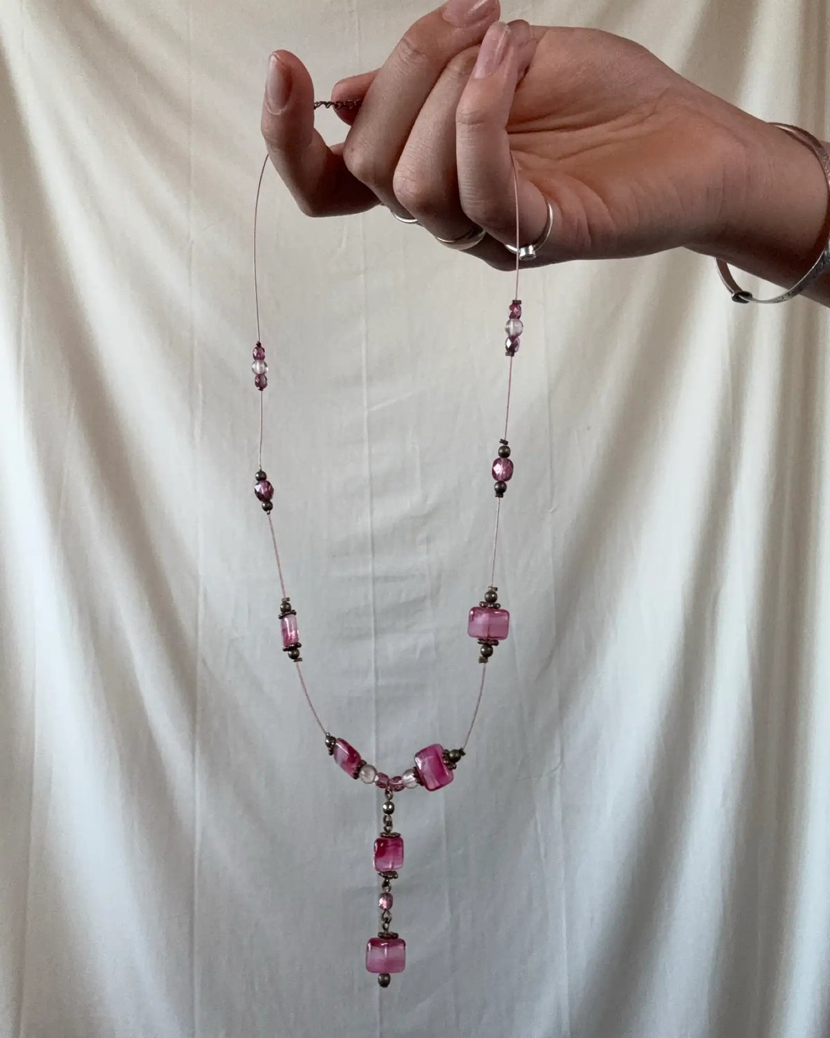 Pink Beaded Drop Necklace