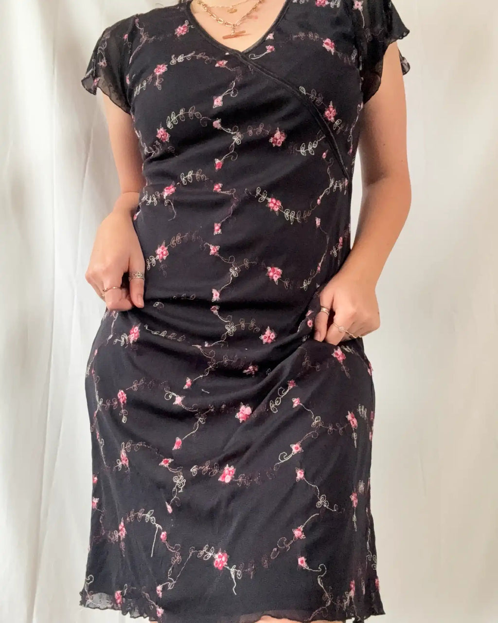 Black & Pink Floral Wrap Dress