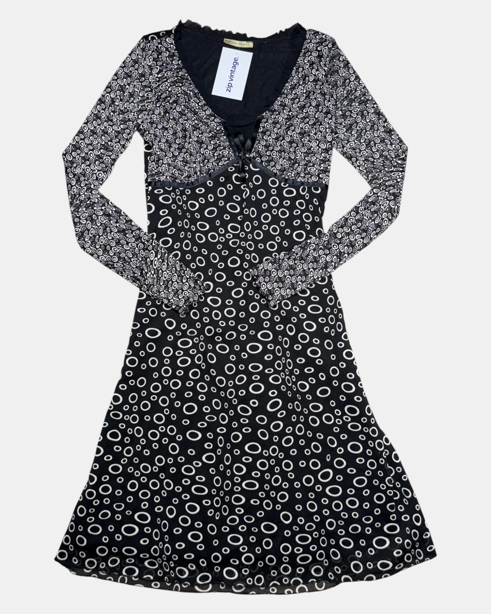 Black and White Mesh Long Sleeve Dress | Est. Size 10