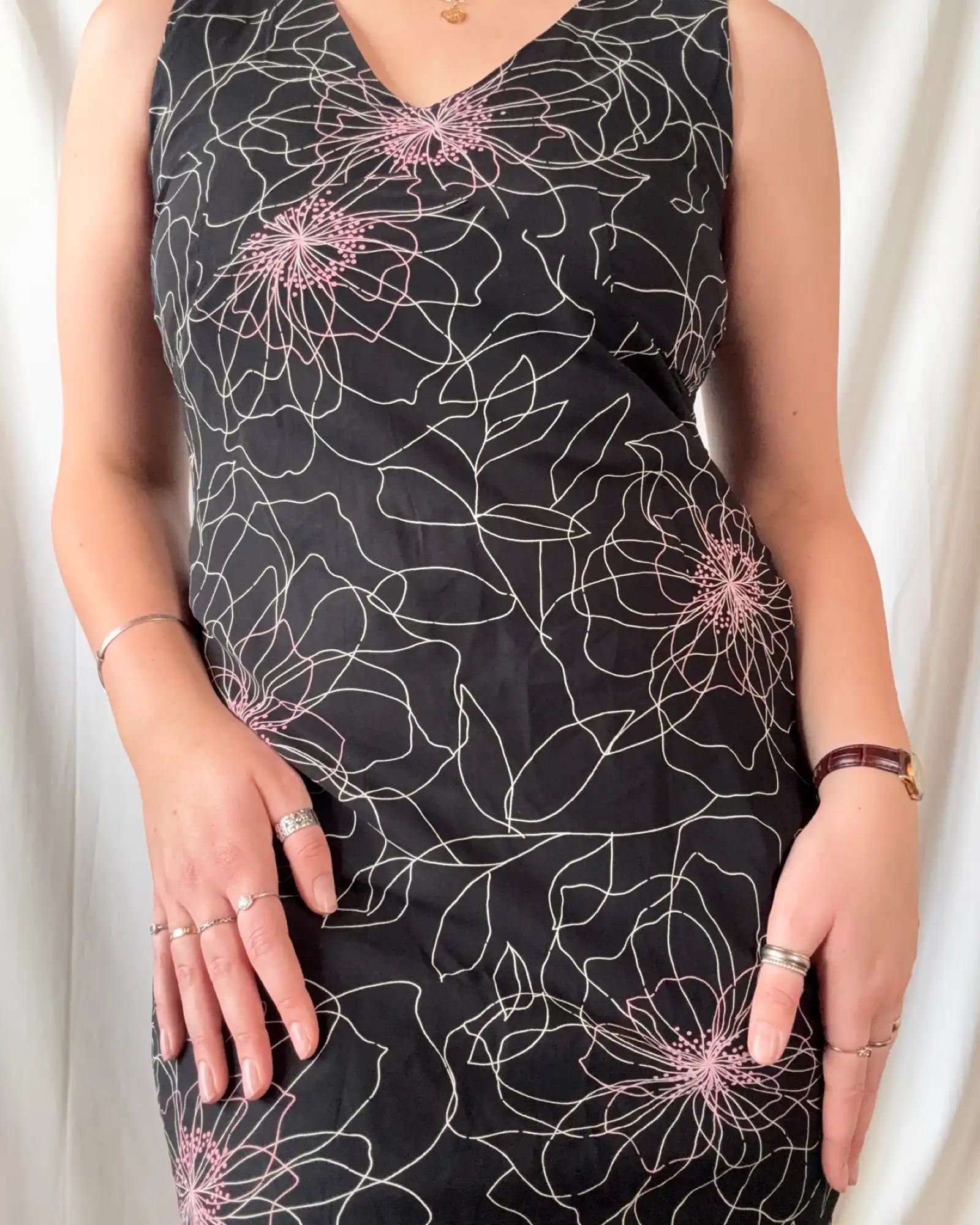 Black Maxi Dress with White Pink Design