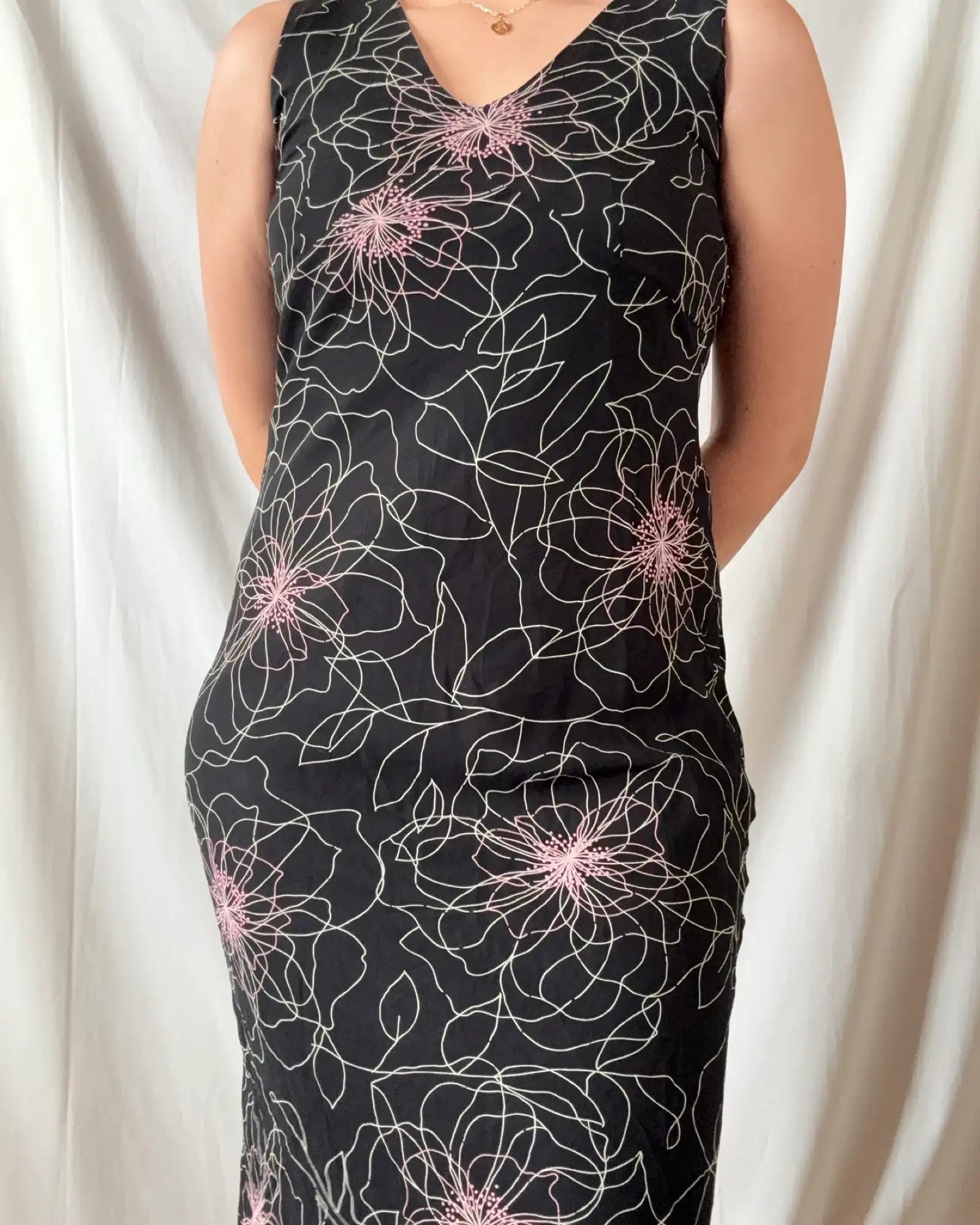 Black Maxi Dress with White Pink Design