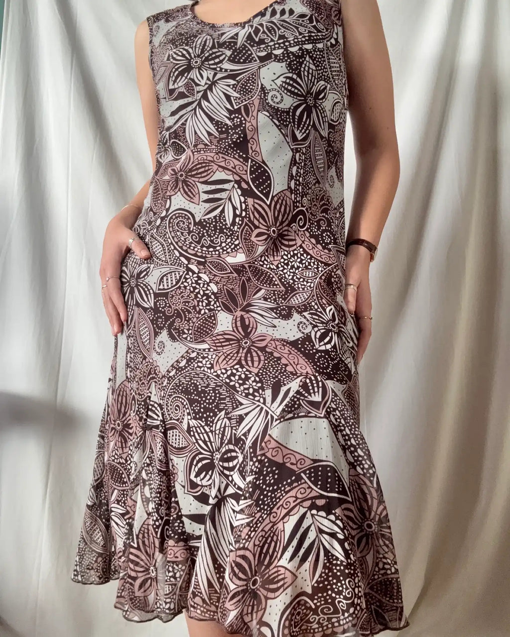White Brown Pink Flowy Maxi Dress