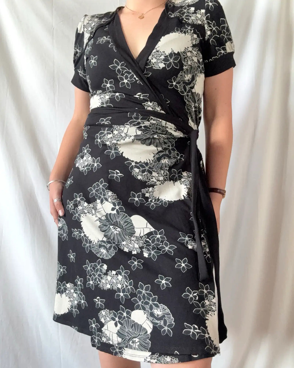 Black Cream Floral Wrap Dress