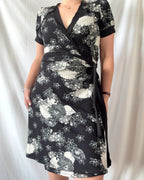 Black Cream Floral Wrap Dress