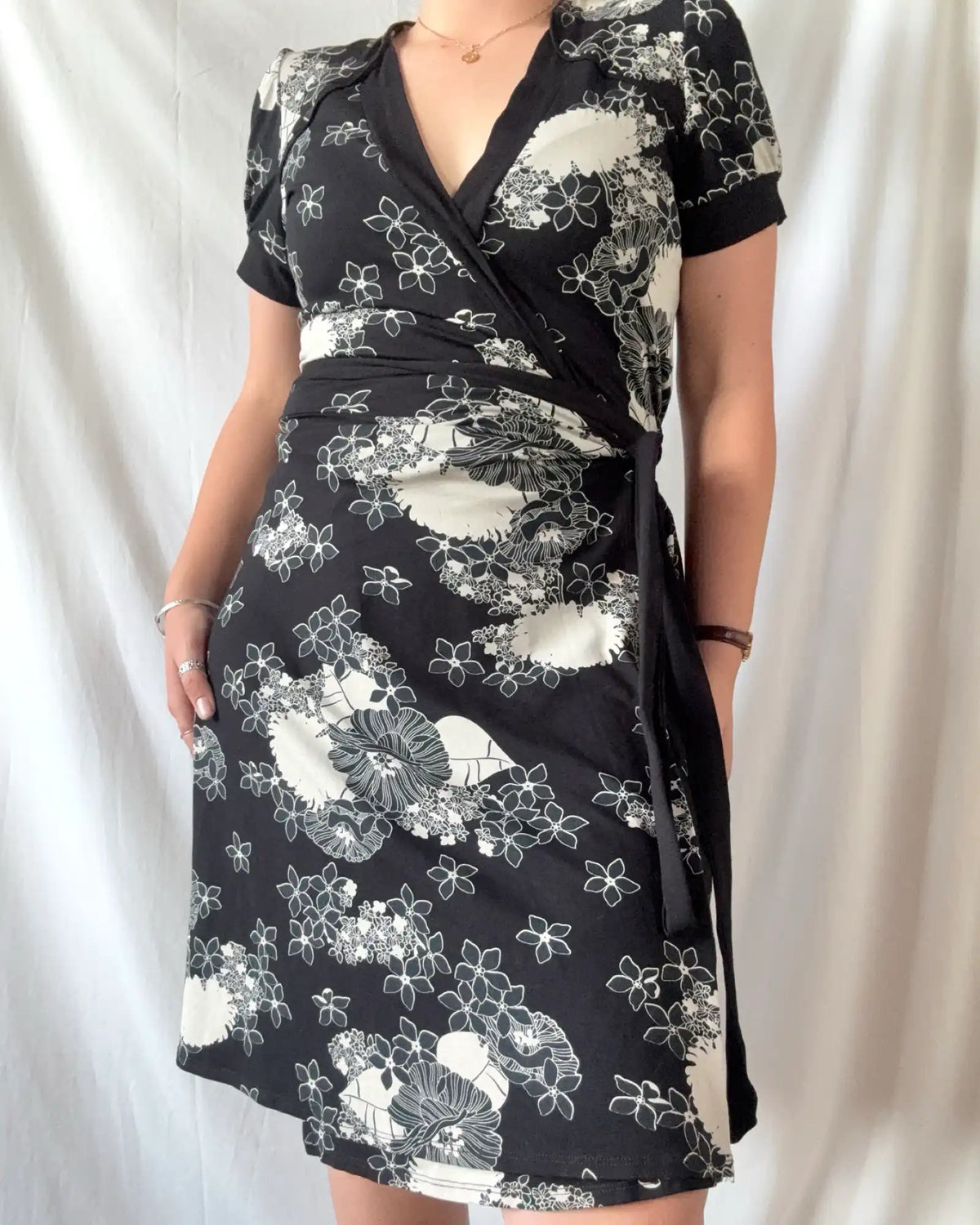 Black Cream Floral Wrap Dress
