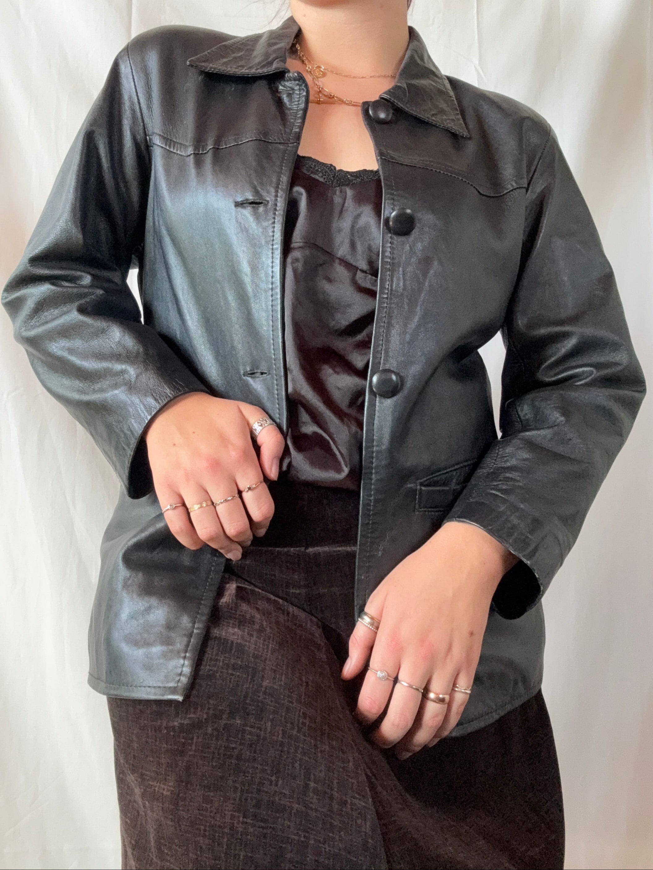 Black Leather Button-Up Jacket | Size S