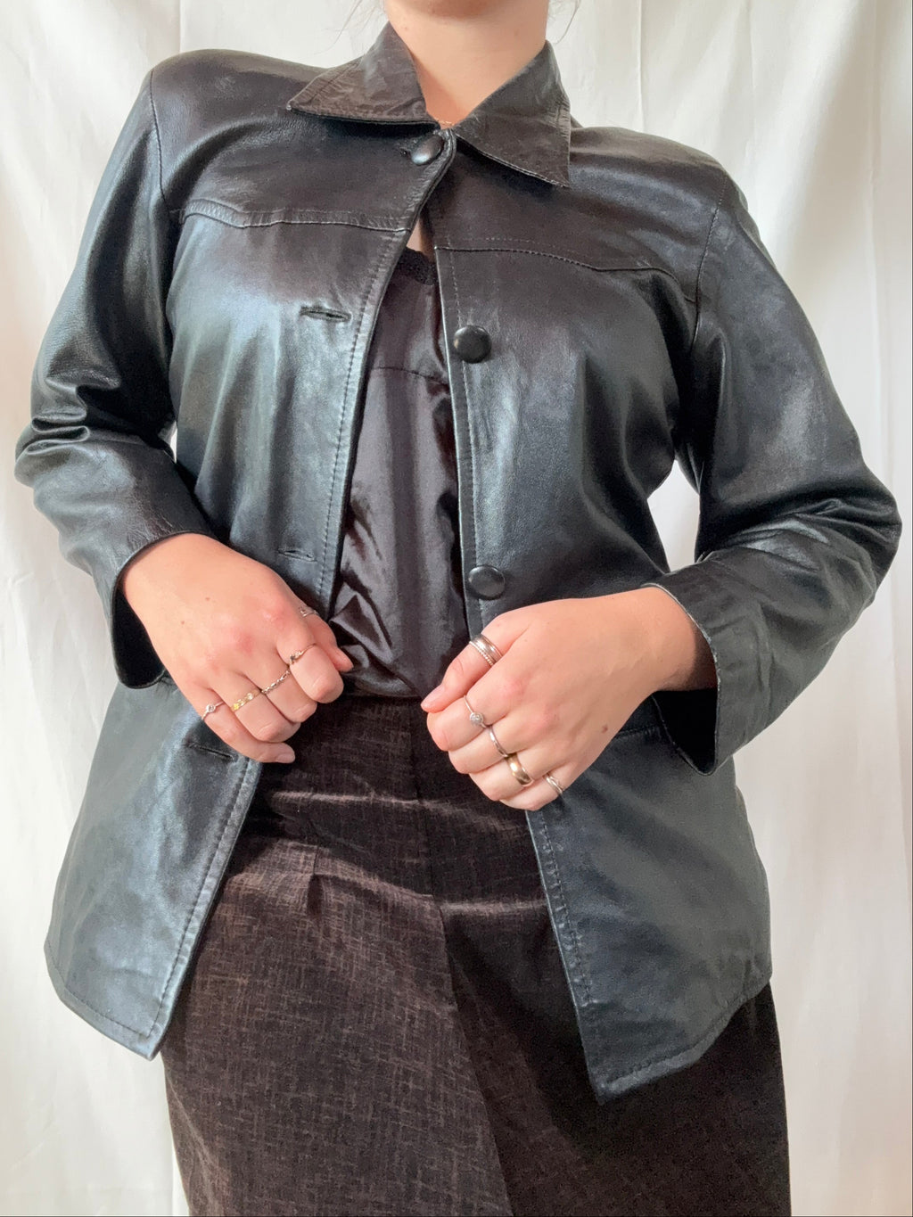 Black Leather Button-Up Jacket | Size S
