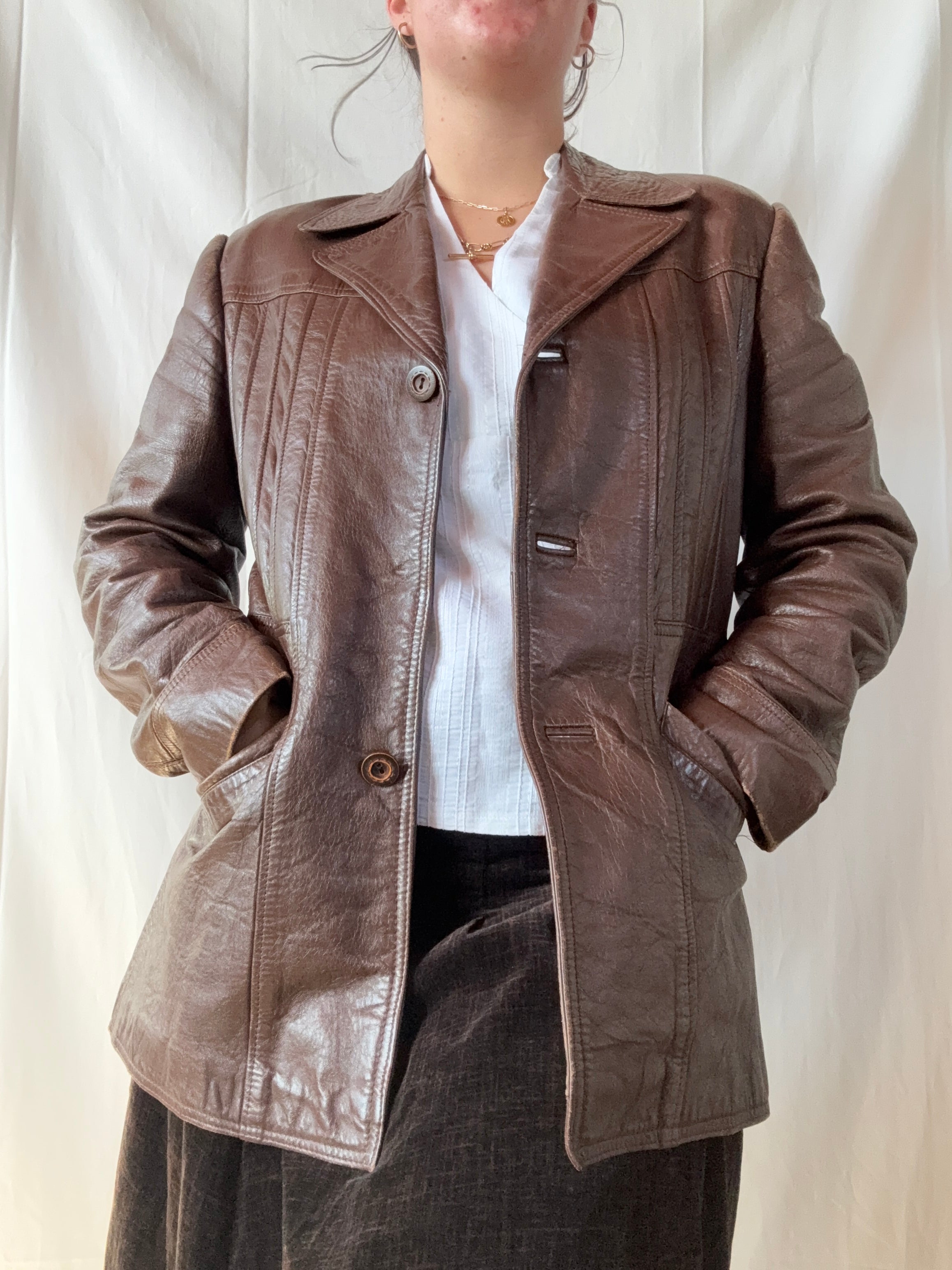 Vintage 70s Brown Leather Coat | Est. Size 12-14