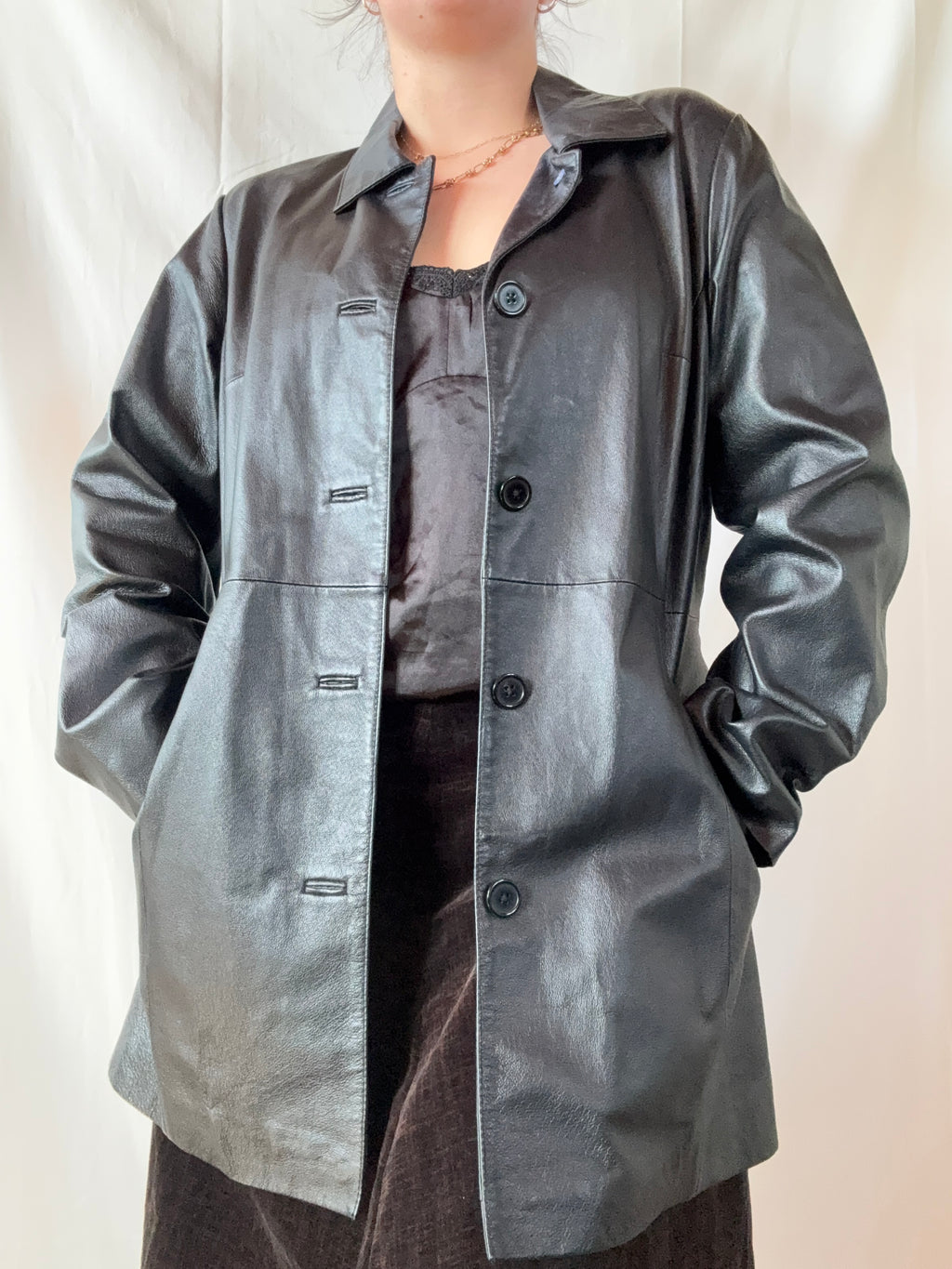 Mid Length Black Leather Jacket | Est. Size 12-16