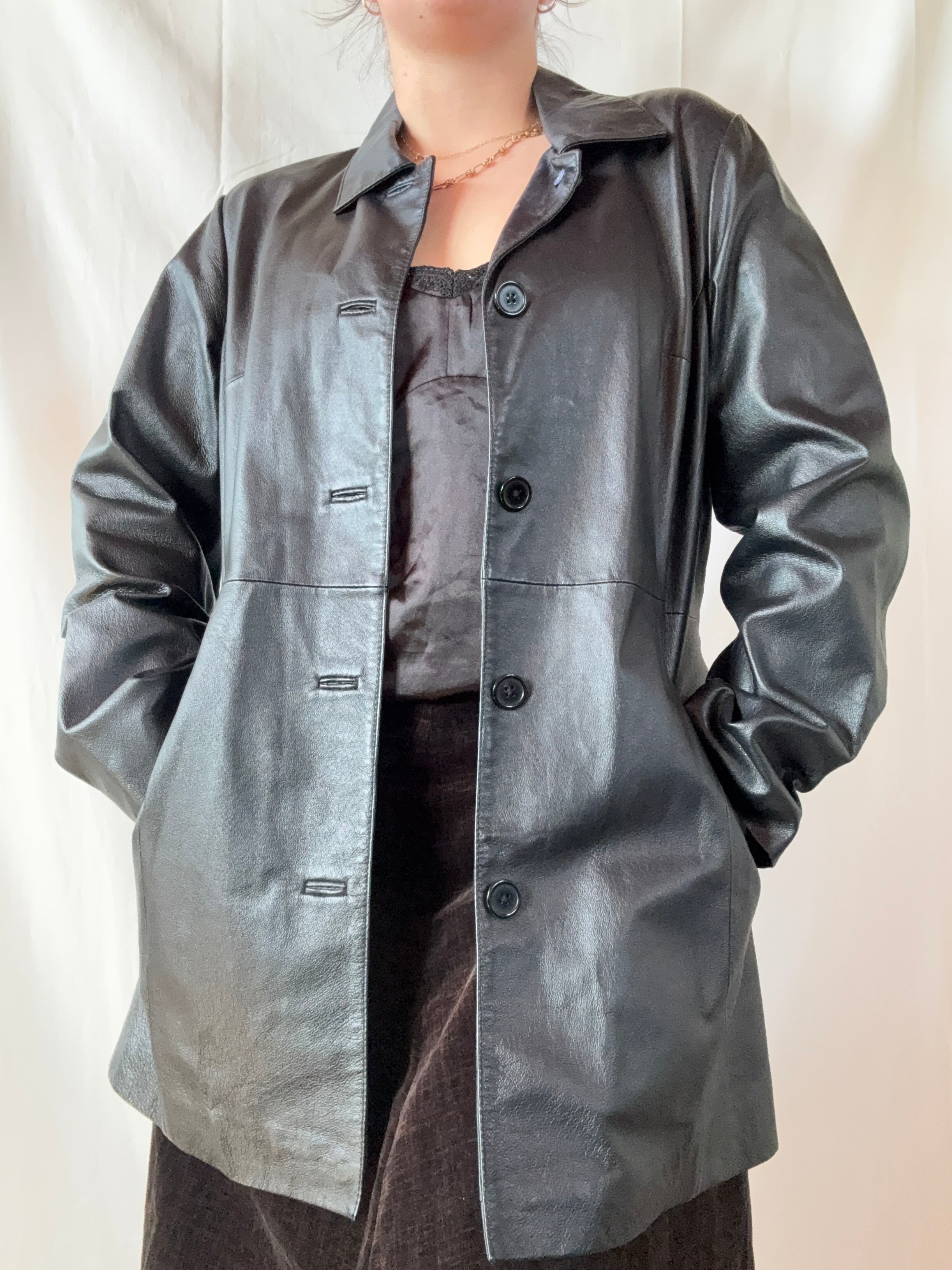 Mid Length Black Leather Jacket | Est. Size 12-16