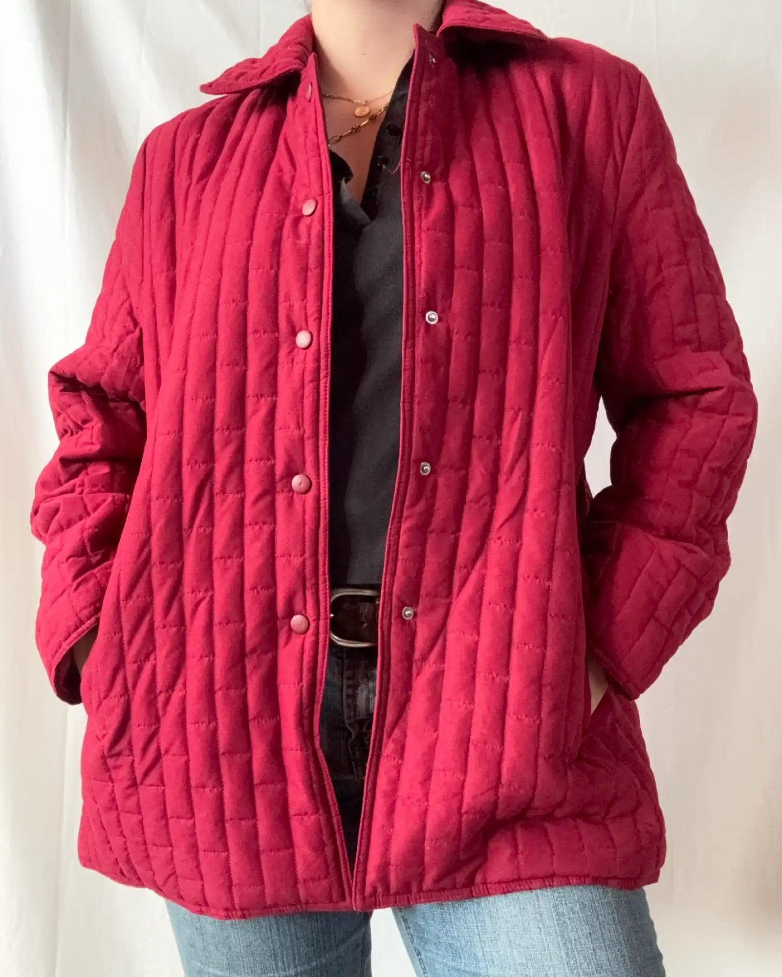 Red Winter Coat with Square Pattern