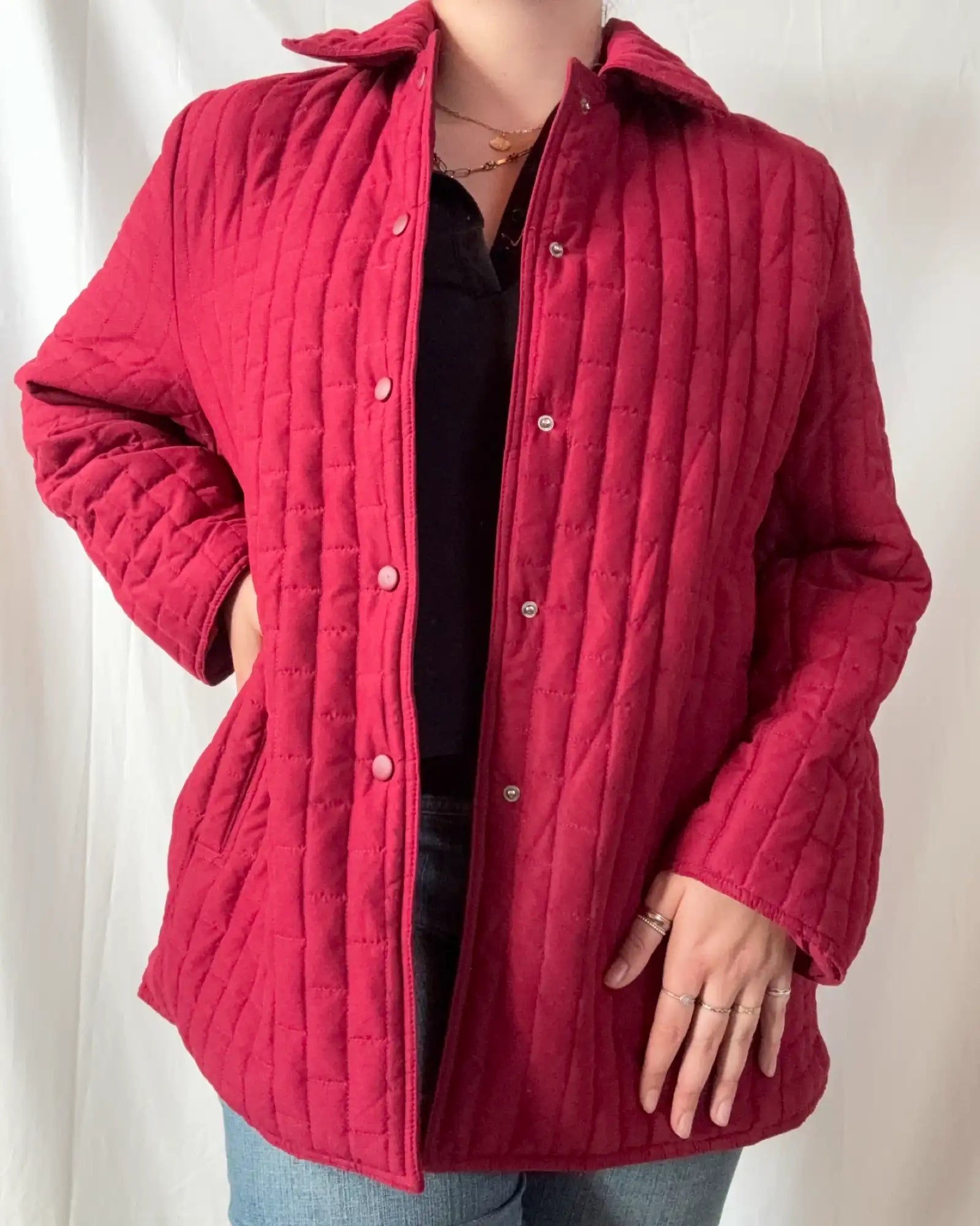 Red Winter Coat with Square Pattern