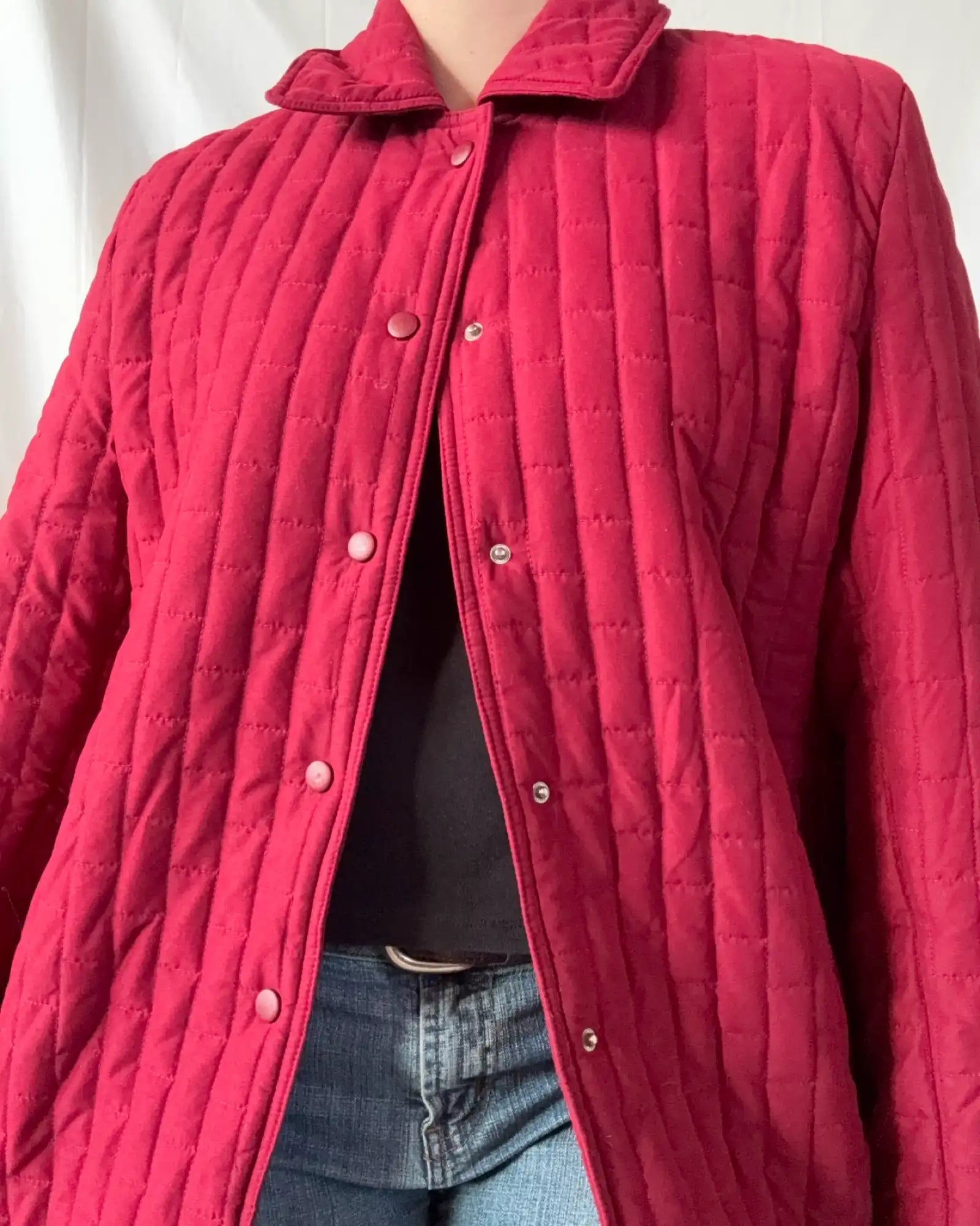 Red Winter Coat with Square Pattern
