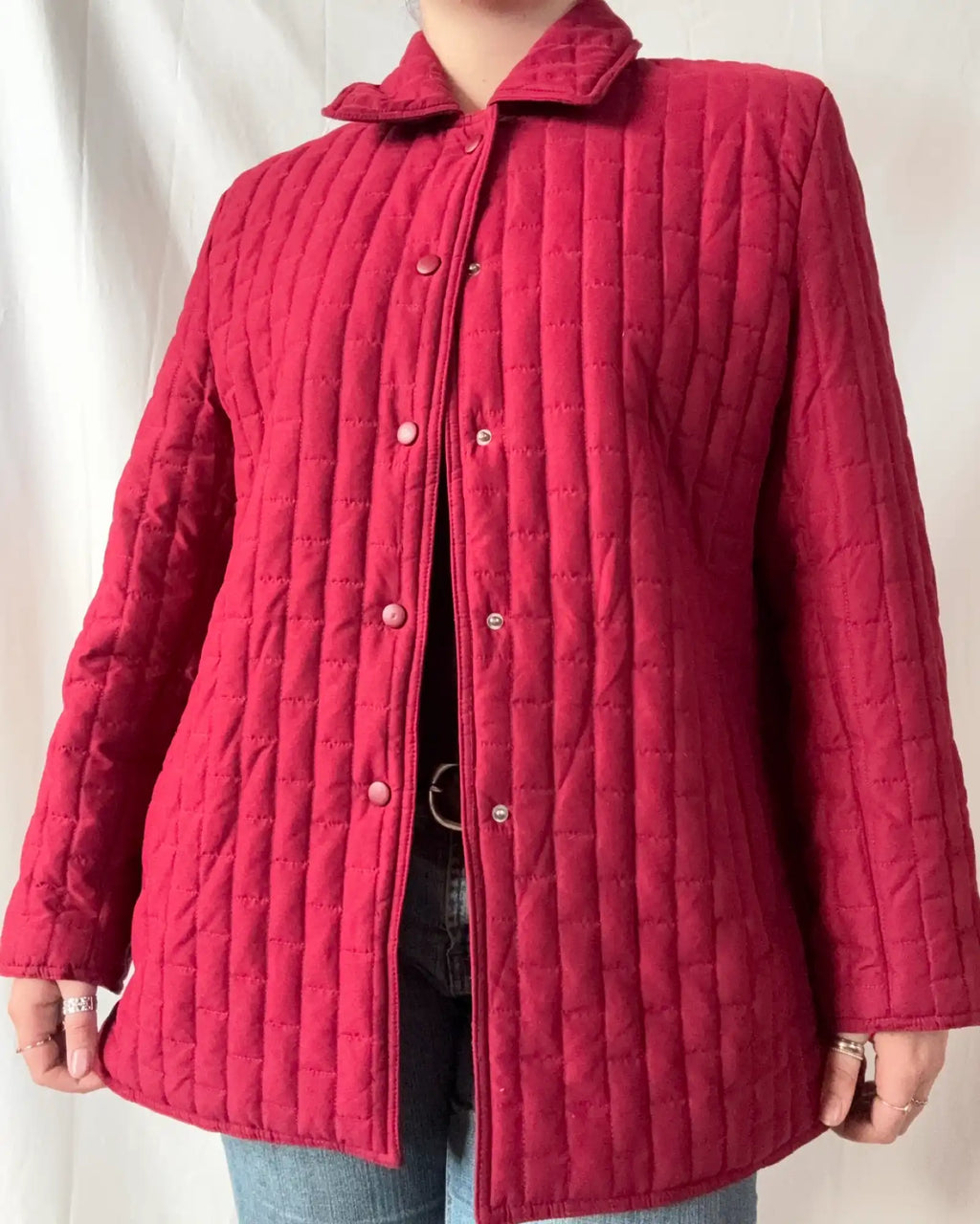 Red Winter Coat with Square Pattern