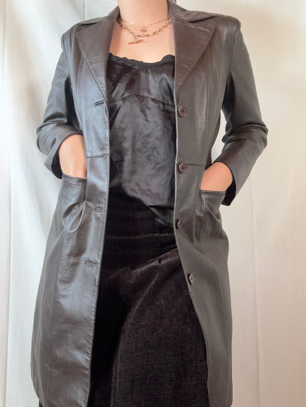 Brown Long Thick Leather Coat | Estimated size 10 - Zip Vintage