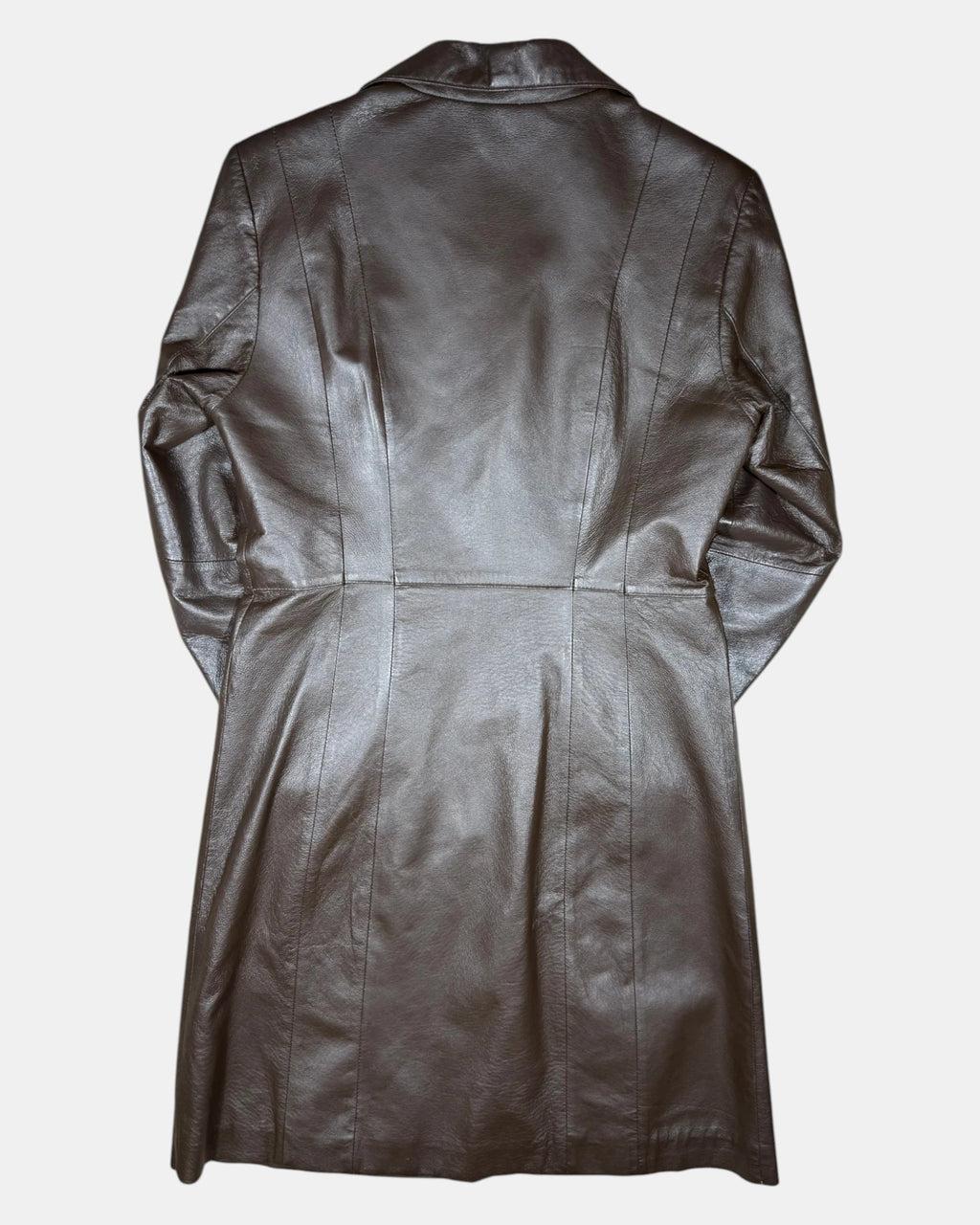 Brown Long Thick Leather Coat | Estimated size 10 - Zip Vintage