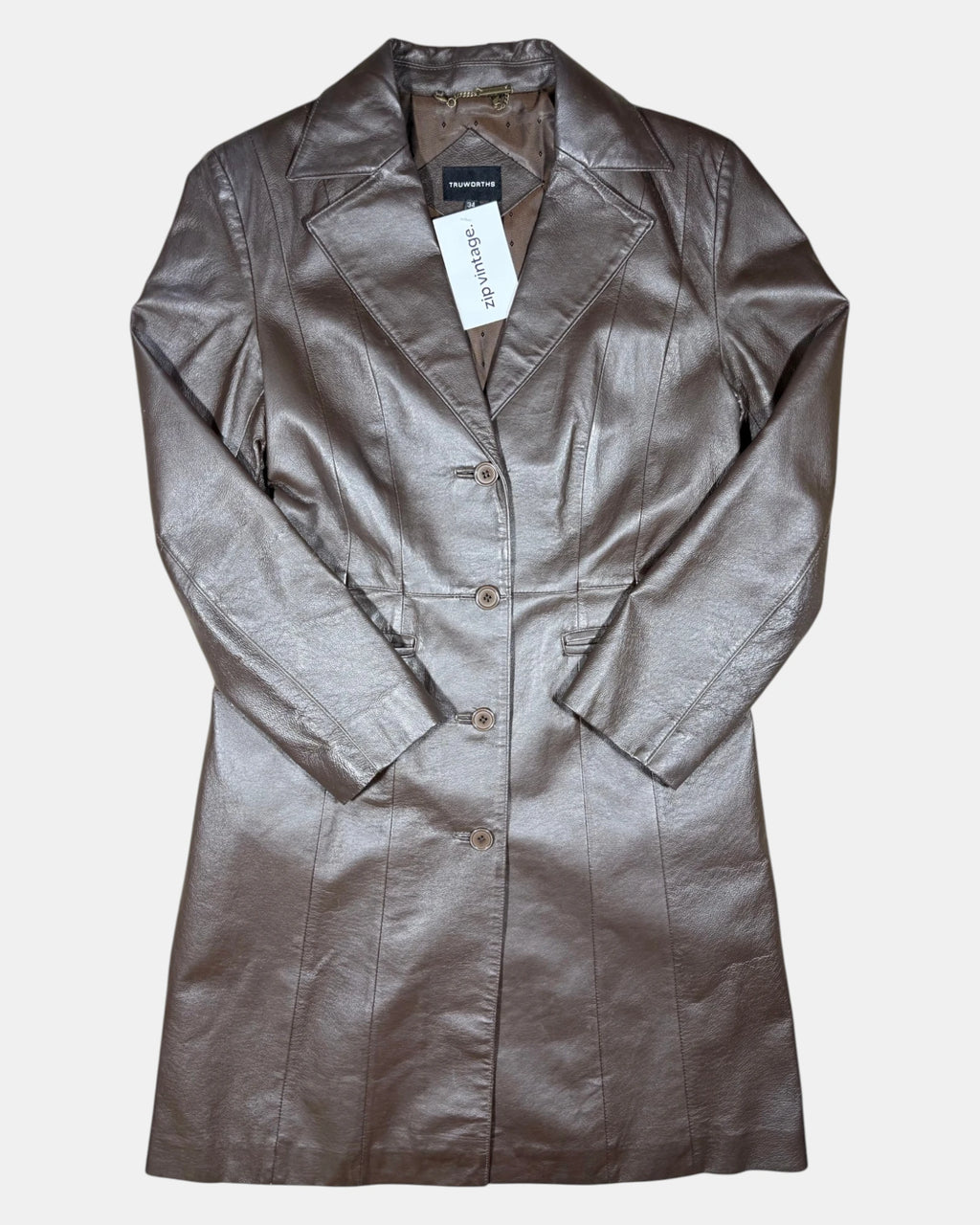 Brown Long Thick Leather Coat | Estimated size 10 - Zip Vintage