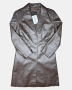 Brown Long Thick Leather Coat | Estimated size 10 - Zip Vintage