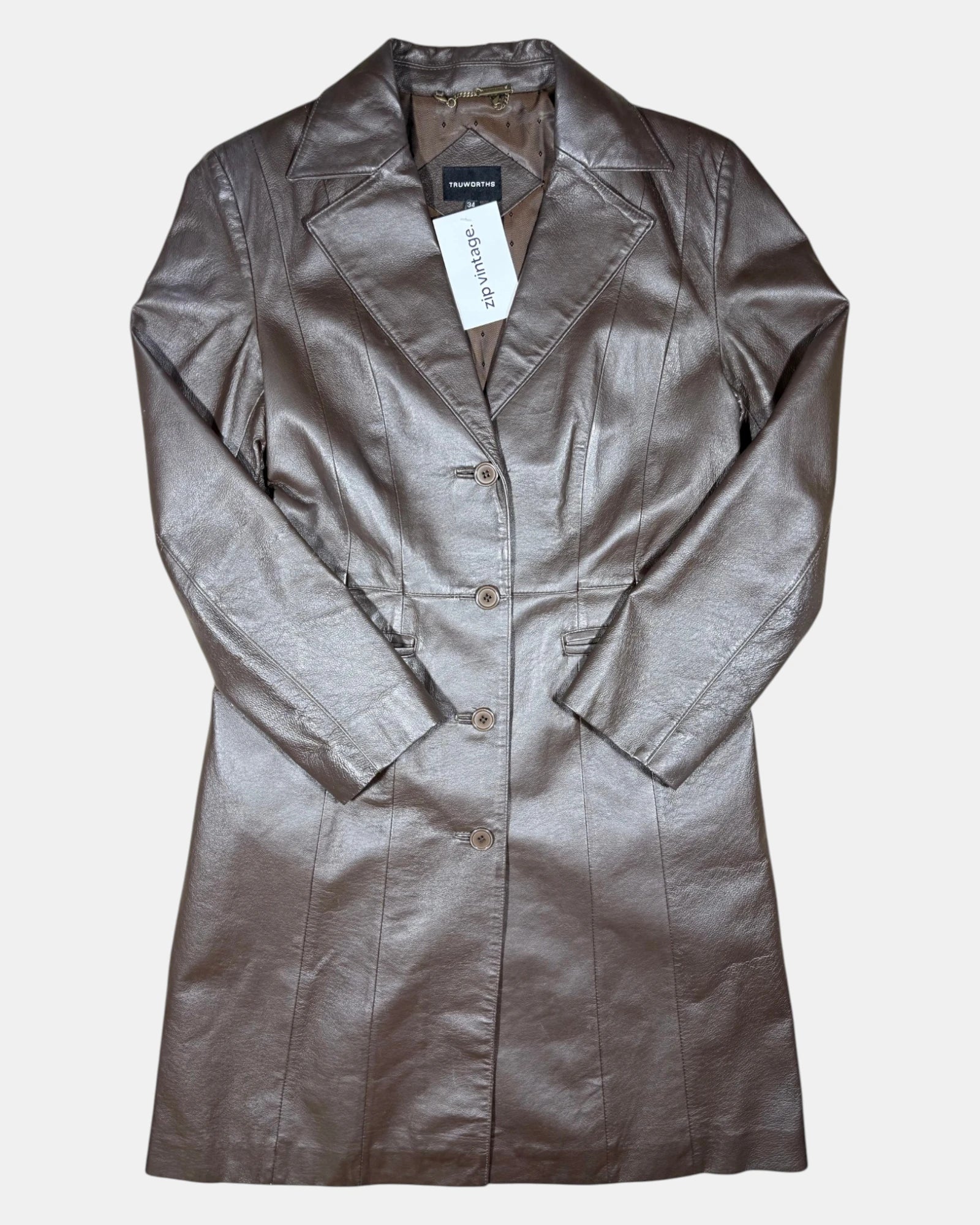Brown Long Thick Leather Coat | Estimated size 10 - Zip Vintage
