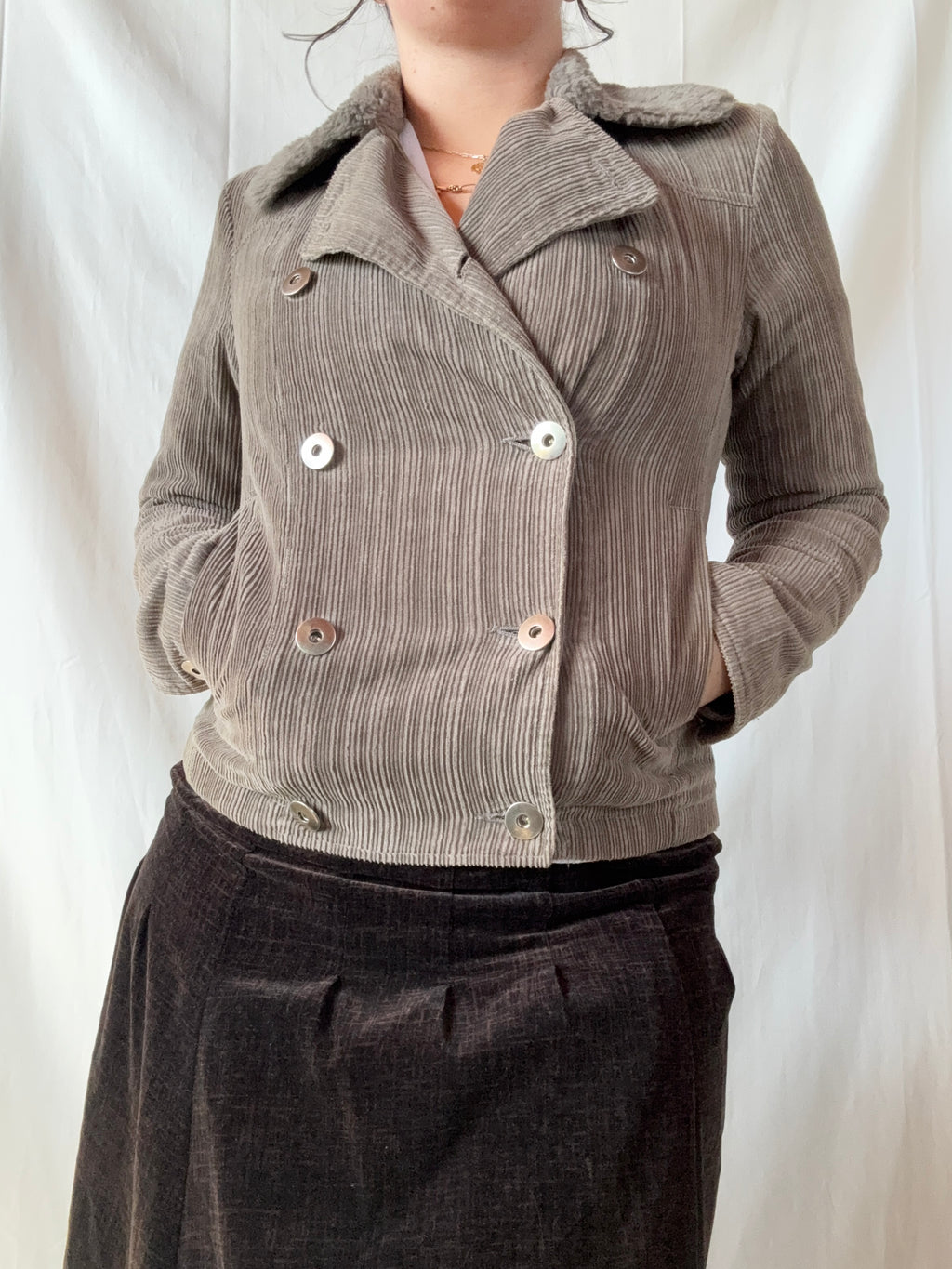 Brown & Grey Ribbed Jacket with Fur Collar | Size 10