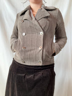 Brown & Grey Ribbed Jacket with Fur Collar | Size 10