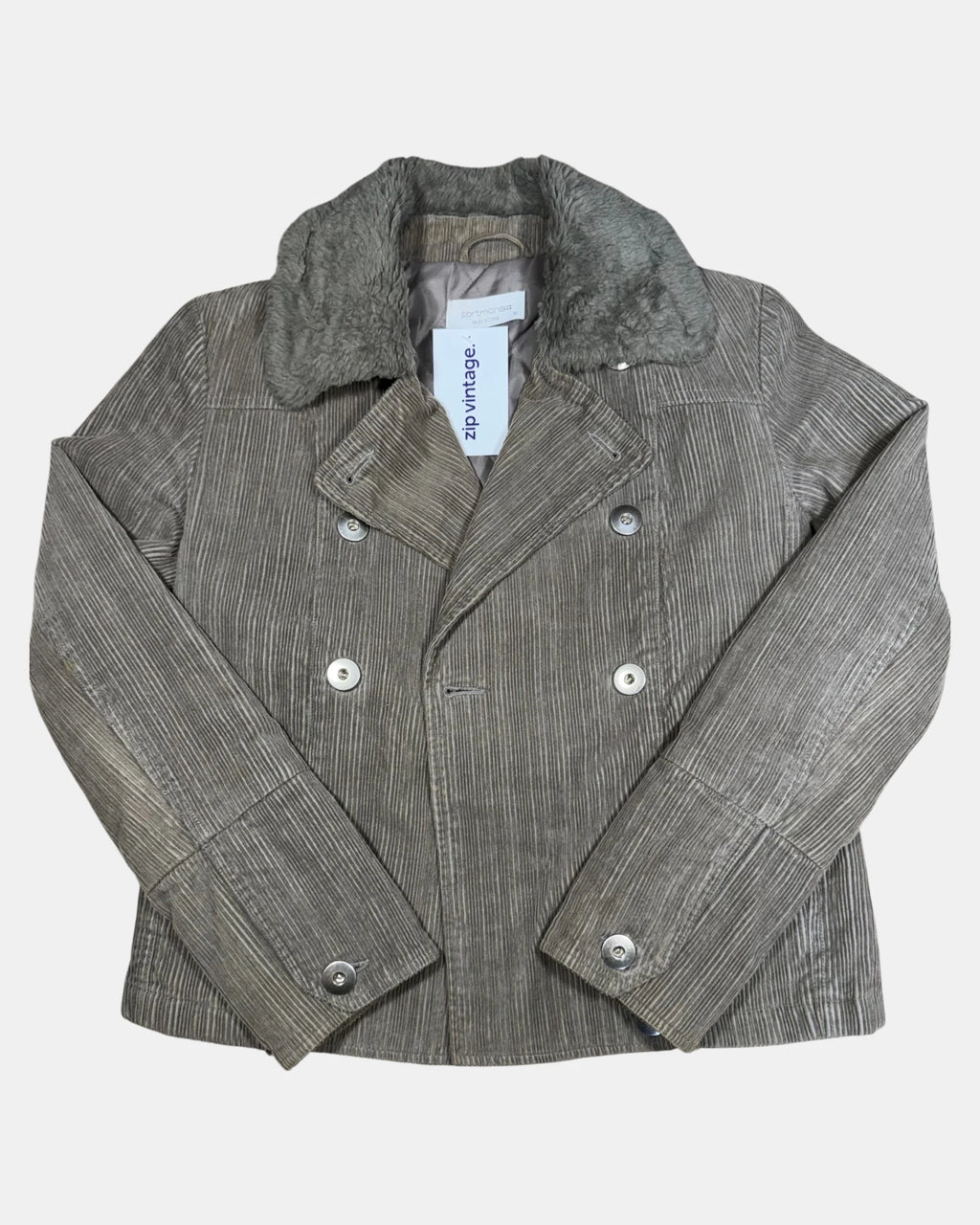 Brown & Grey Ribbed Jacket with Fur Collar | Size 10