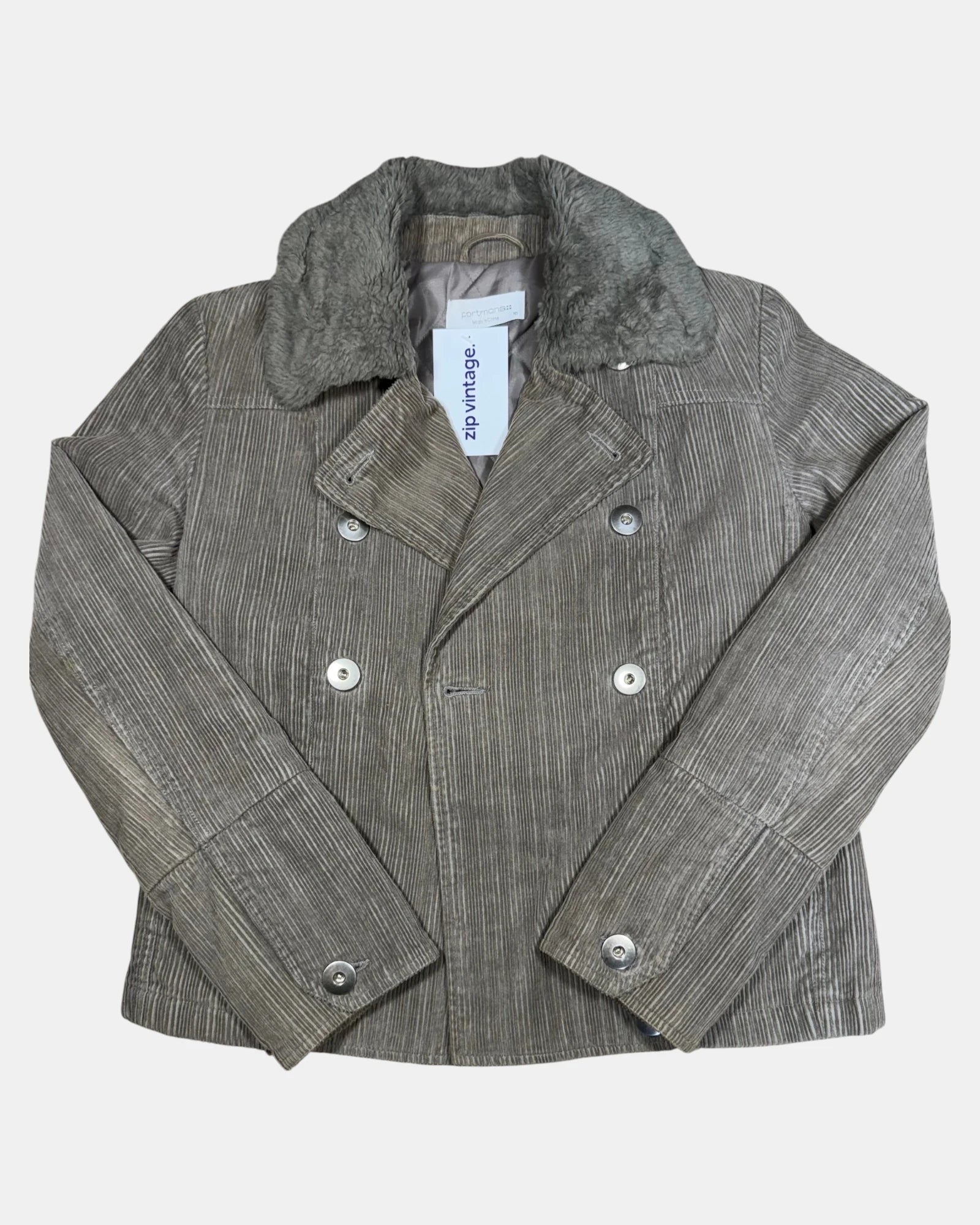 Brown & Grey Ribbed Jacket with Fur Collar | Size 10