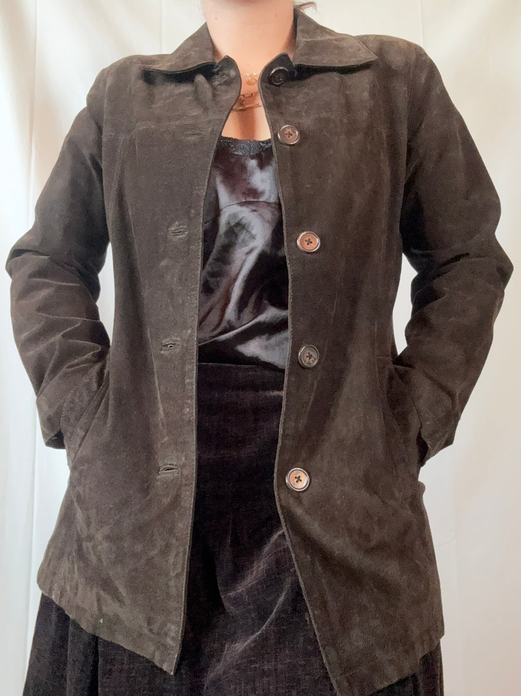 Brown Suede Long Leather Jacket | Size 10 - Zip Vintage