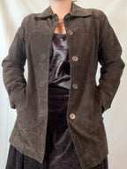 Brown Suede Long Leather Jacket | Size 10 - Zip Vintage
