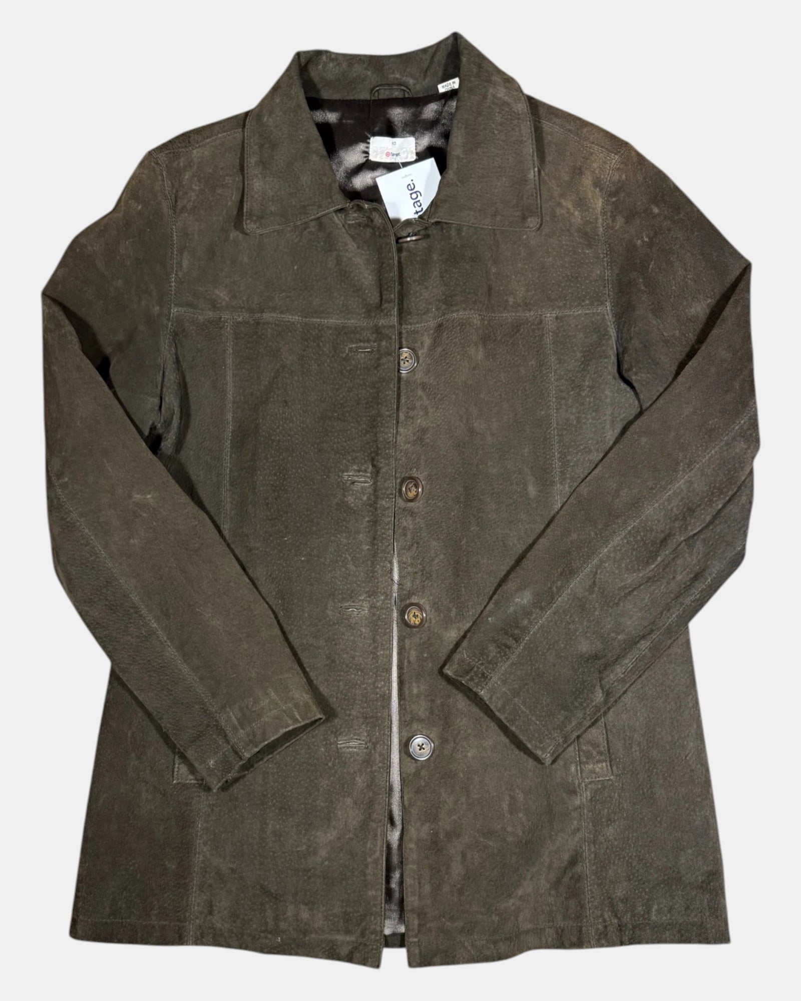 Brown Suede Long Leather Jacket | Size 10 - Zip Vintage