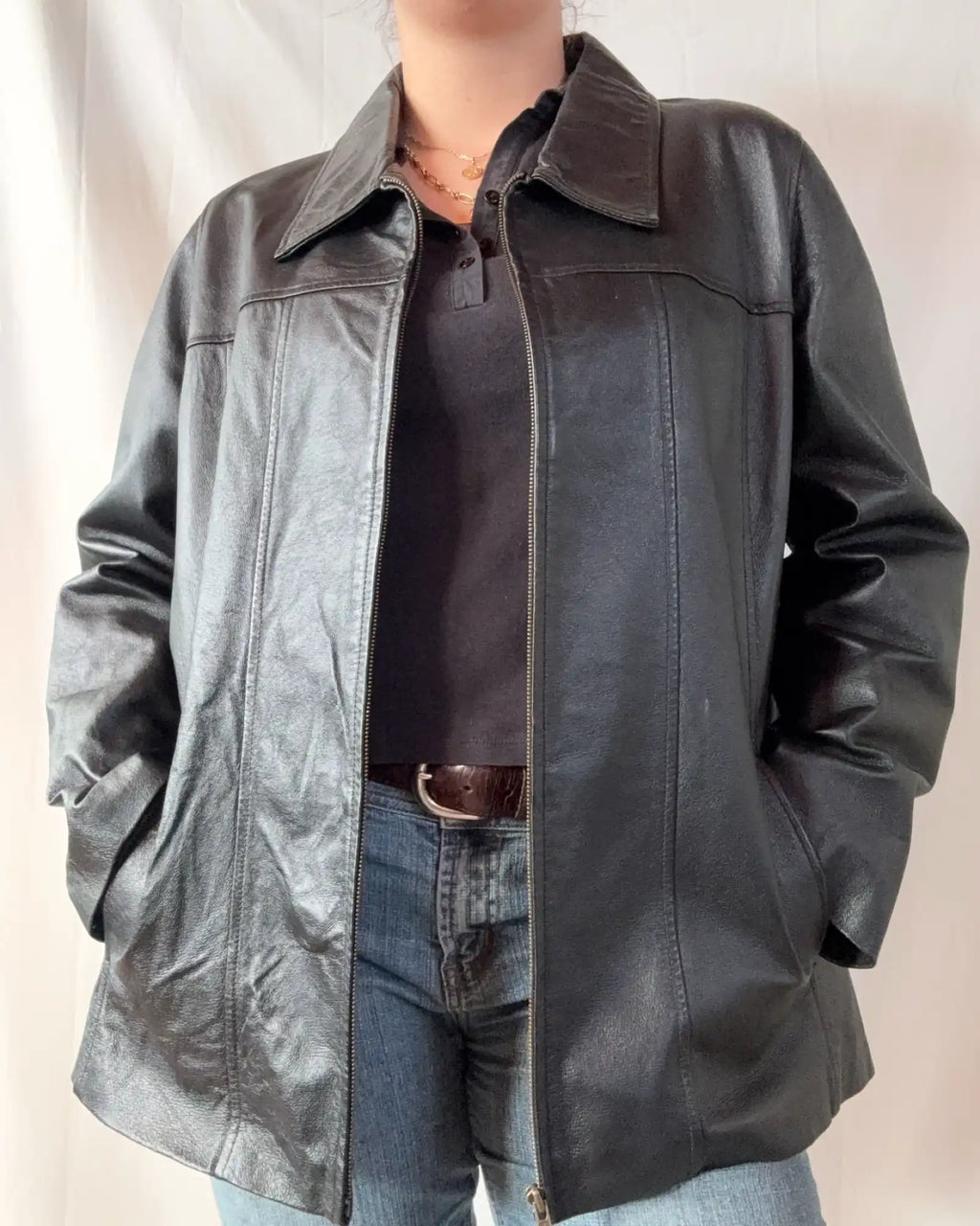 Black Leather Jacket with Line Details