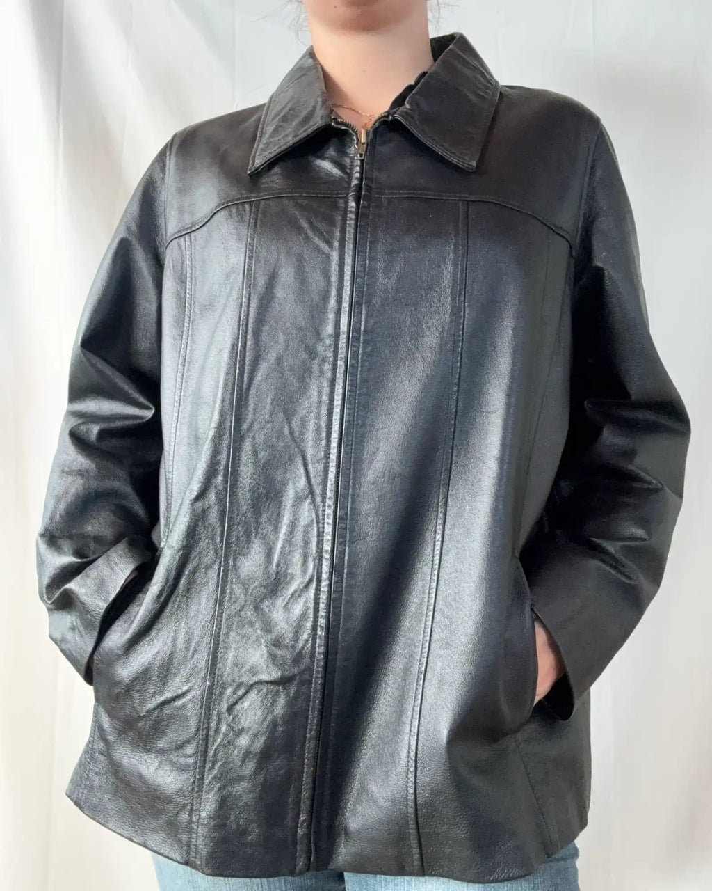 Black Leather Jacket with Line Details