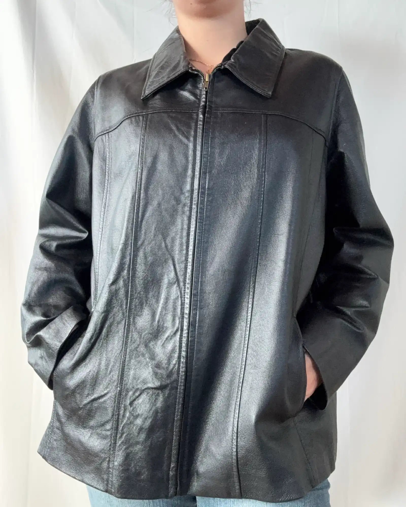 Black Leather Jacket with Line Details