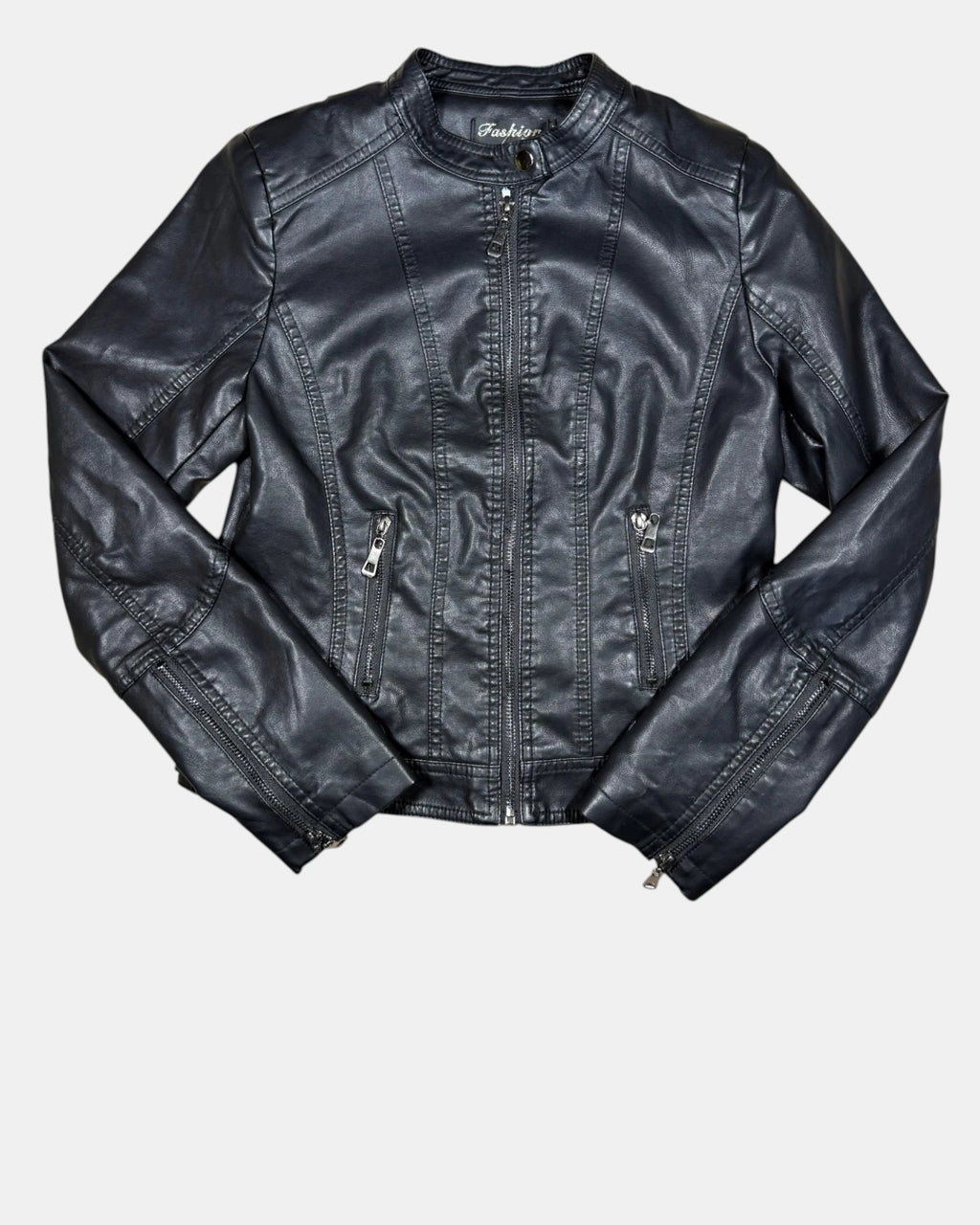 Black Faux Leather Motorcycle Jacket | Estimated Size 8 - Zip Vintage