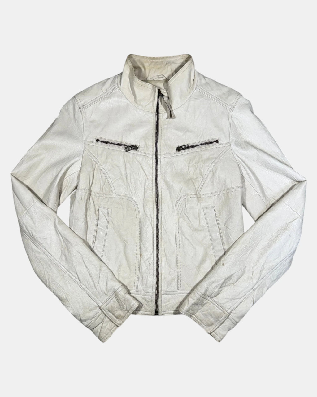 Vintage Cream Leather Motorcycle Jacket | Size 8