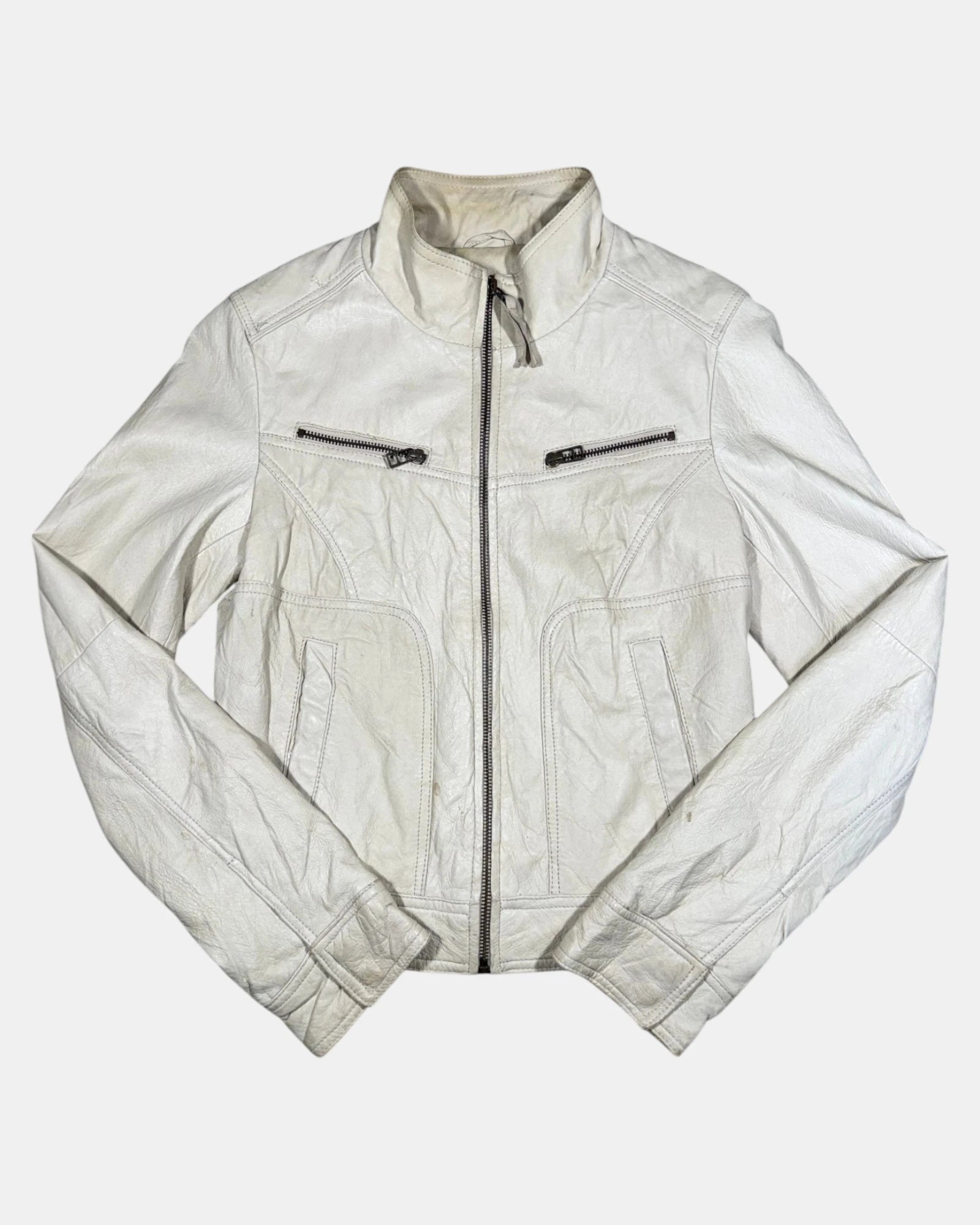 Vintage Cream Leather Motorcycle Jacket | Size 8