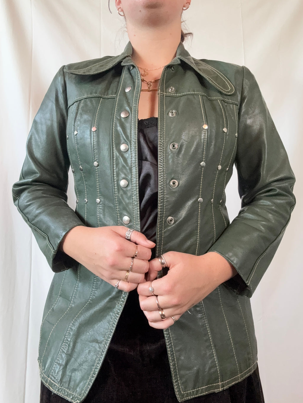 Vintage Green Leather Studded Jacket | Estimated Size 8-10 - Zip Vintage