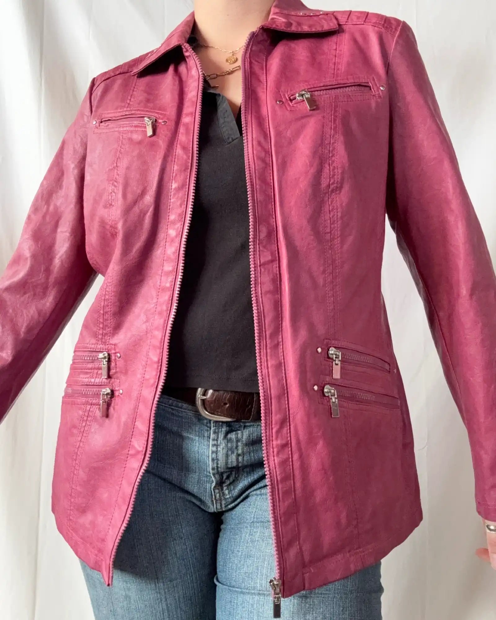 Pink Faux Leather Motorcycle Jacket