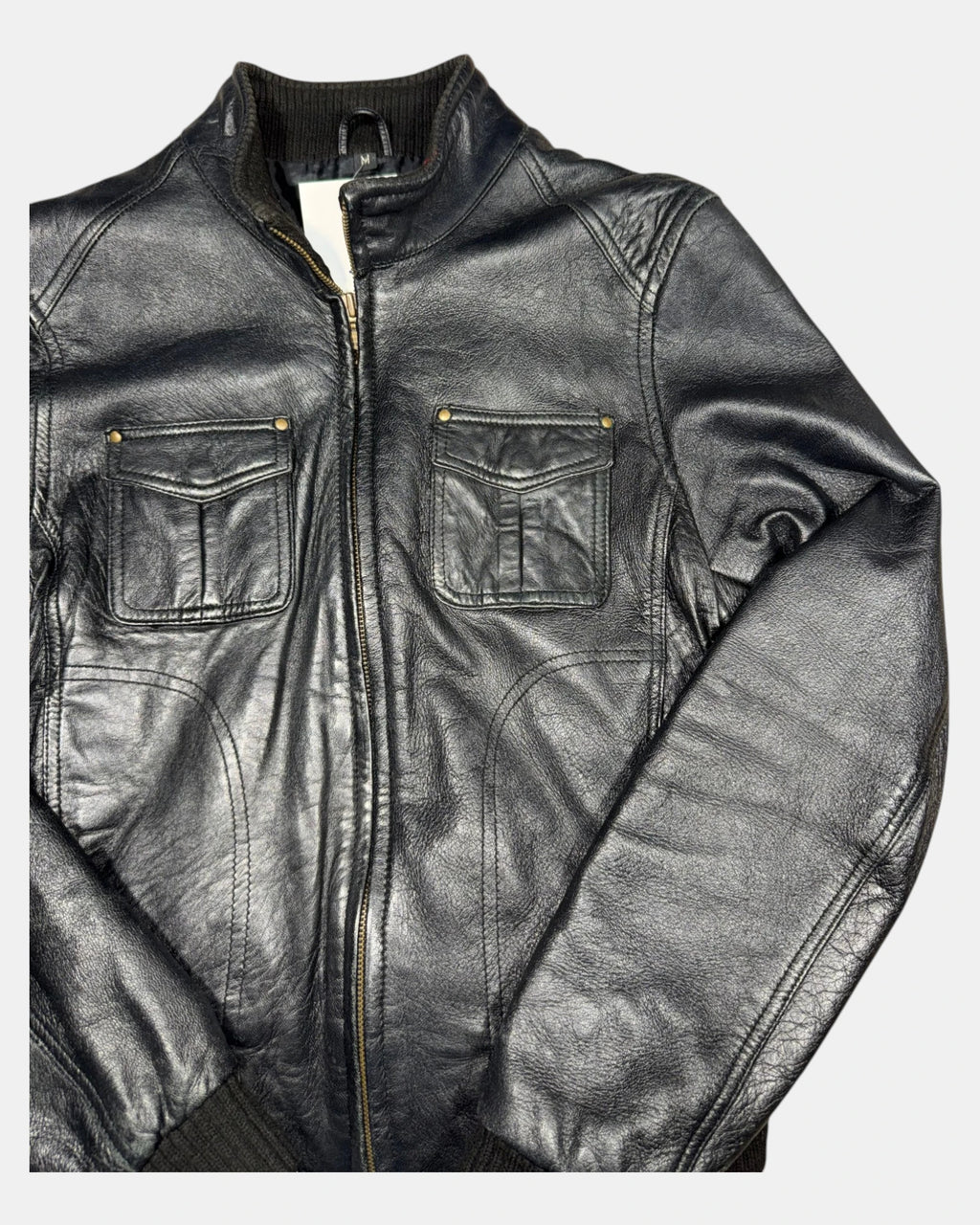 Black Leather Motorcycle Jacket with Fabric Trim | Est. Size 6-8