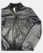 Black Leather Motorcycle Jacket with Fabric Trim | Est. Size 6-8