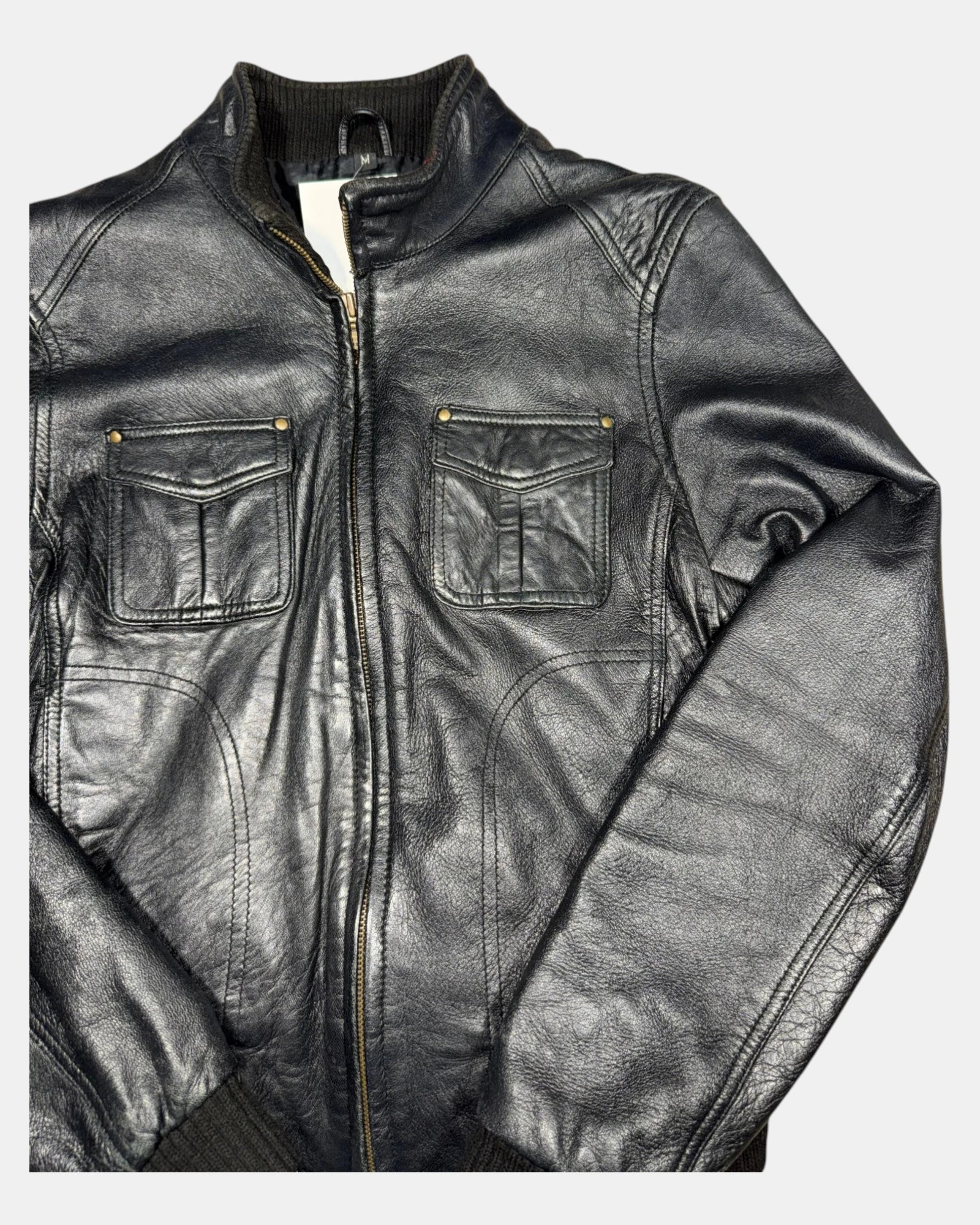 Black Leather Motorcycle Jacket with Fabric Trim | Est. Size 6-8