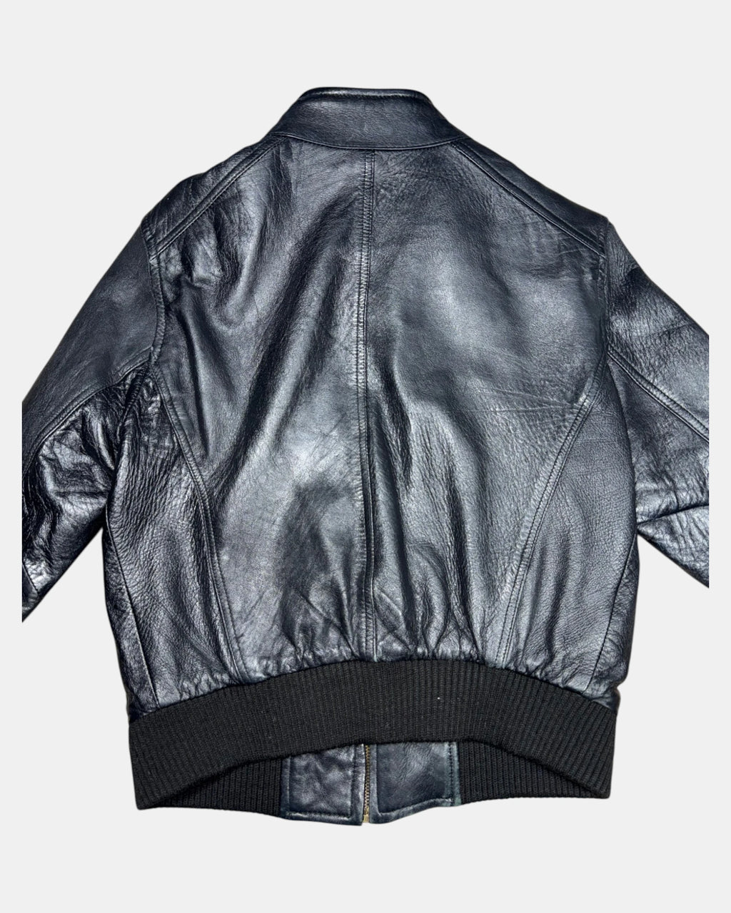 Black Leather Motorcycle Jacket with Fabric Trim | Est. Size 6-8