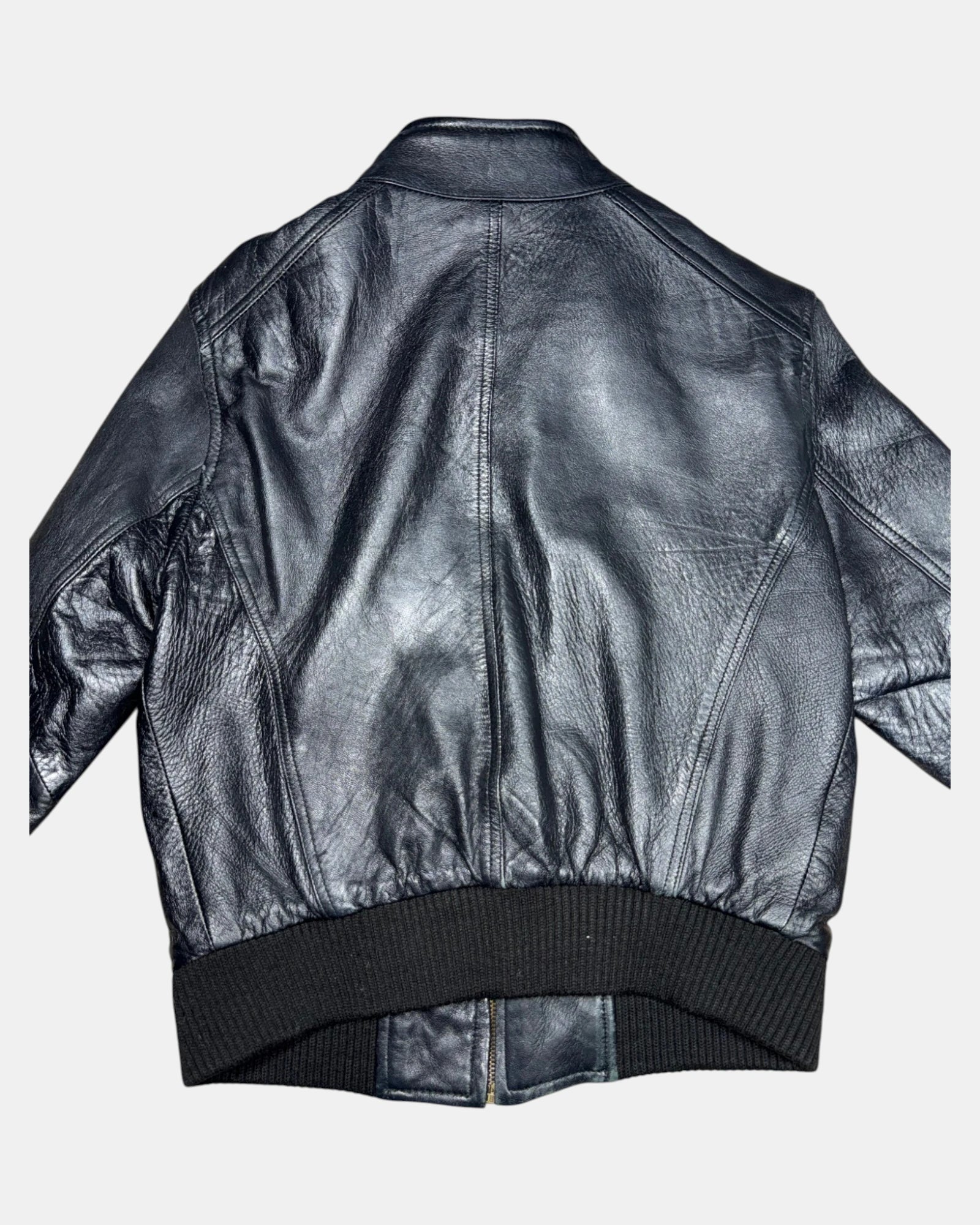 Black Leather Motorcycle Jacket with Fabric Trim | Est. Size 6-8